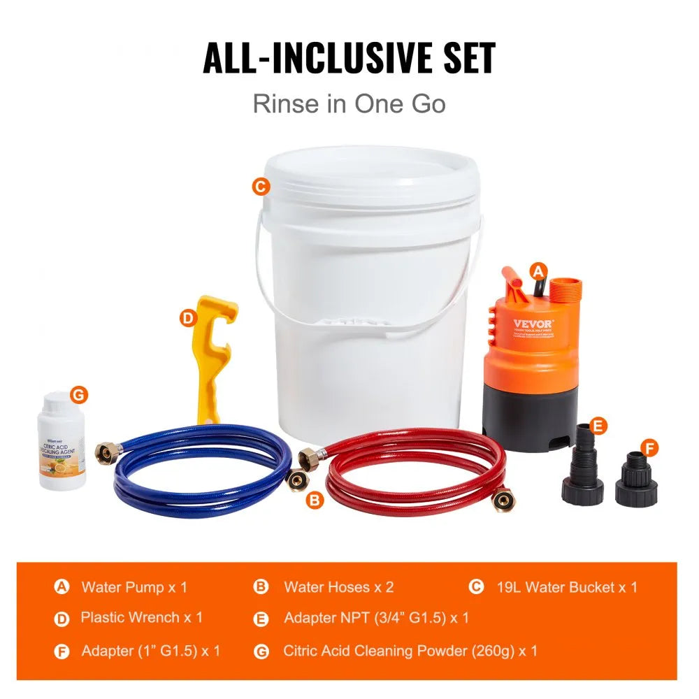 VEVOR Tankless Water Heater Flushing Kit, Includes Efficient Pump & 5 Gallon Pail & 2 Hoses & Descaling Powder, Wrench and Adapter for Quick Install Easy to Start, Water Heater Flush Kit