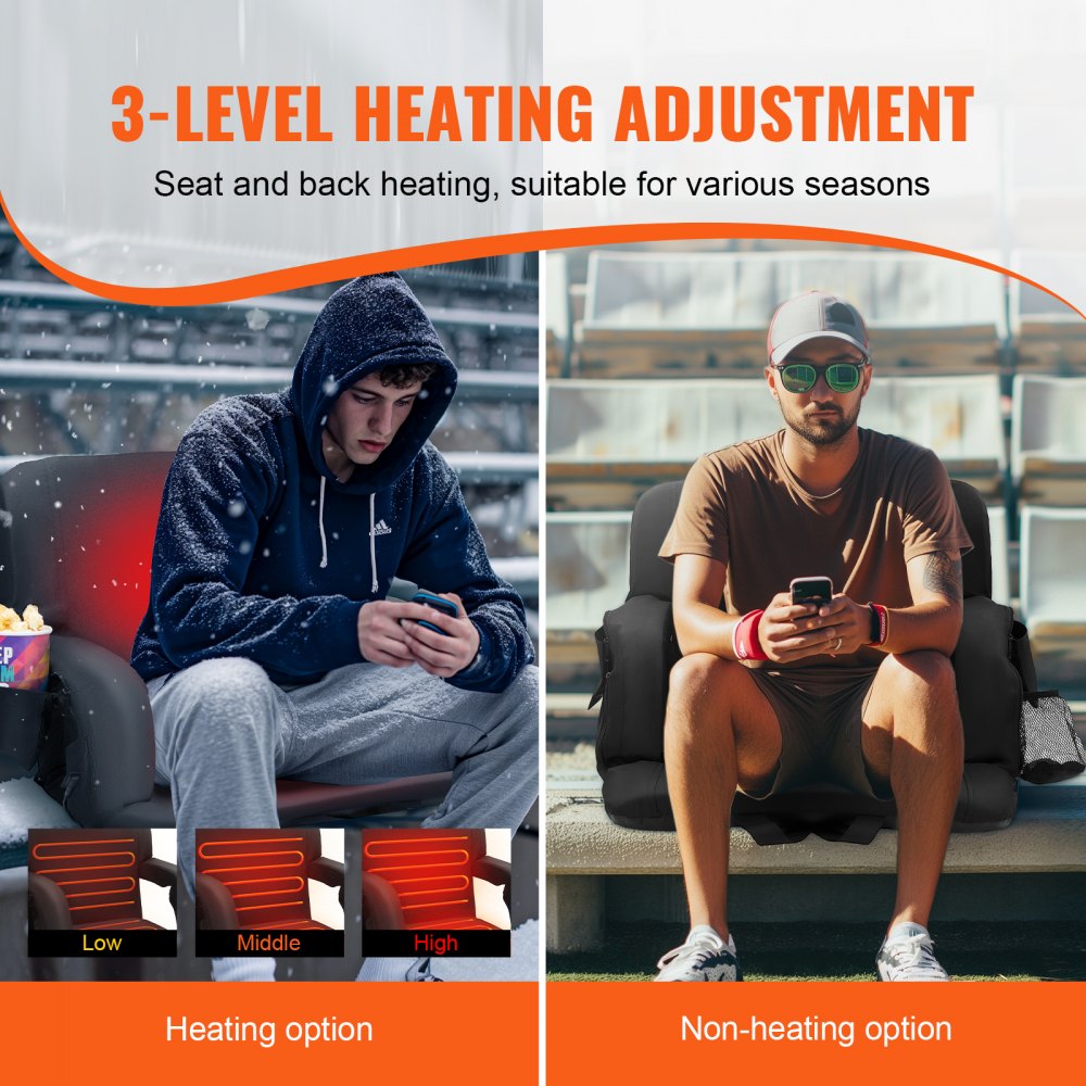 VEVOR Double Heated Stadium Seat with Back Support, 3 Level Heating Wide Bleacher Seat, Folding Portable Padded Reclining Chair with Hook Pocket Cupholder, Ideal for Sport Event Beach Camping Concert 
