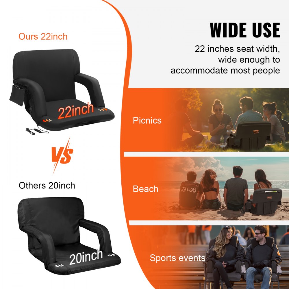 VEVOR Double Heated Stadium Seat with Back Support, 3 Level Heating Wide Bleacher Seat, Folding Portable Padded Reclining Chair with Hook Pocket Cupholder, Ideal for Sport Event Beach Camping Concert 