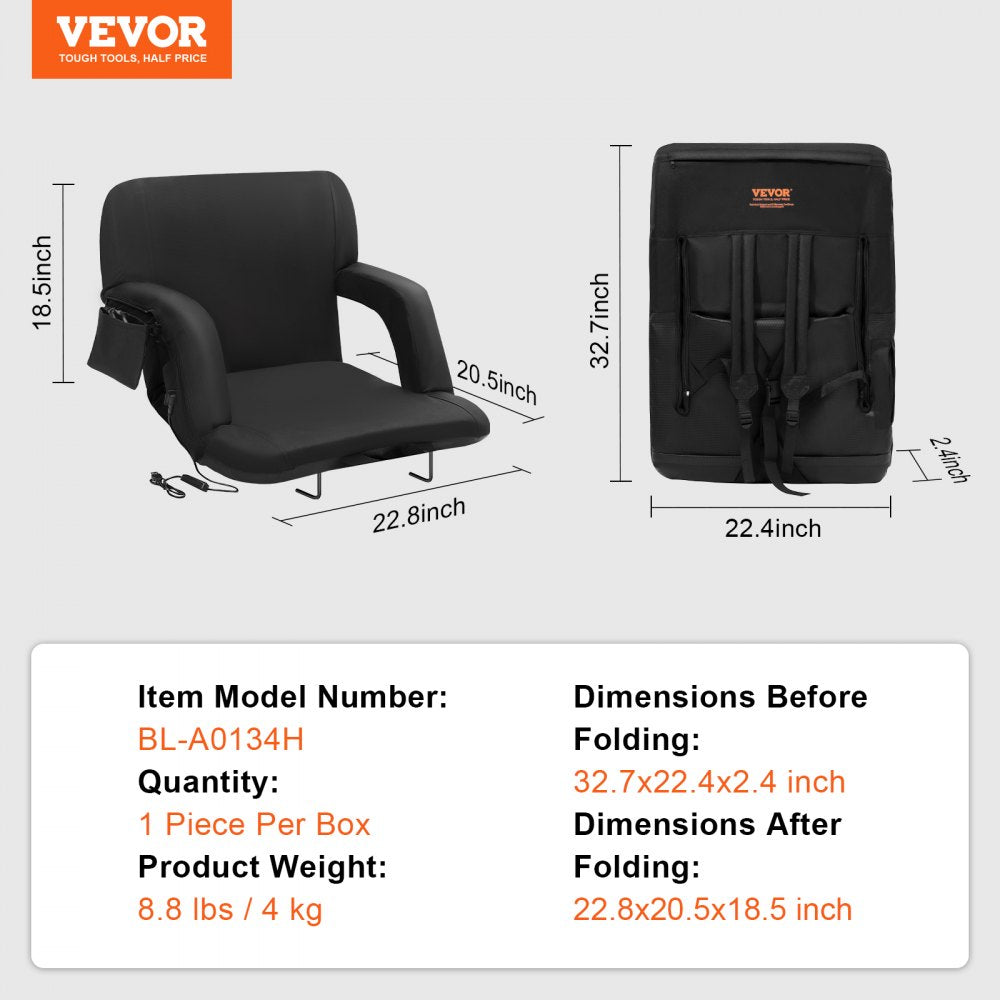 VEVOR Double Heated Stadium Seat with Back Support, 3 Level Heating Wide Bleacher Seat, Folding Portable Padded Reclining Chair with Hook Pocket Cupholder, Ideal for Sport Event Beach Camping Concert 