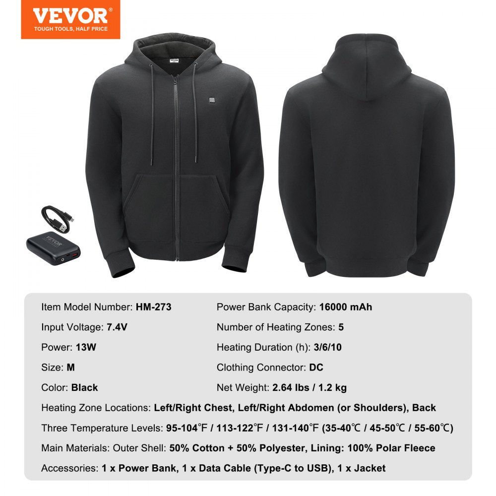 VEVOR Heated Hoodie Sweatshirt Zip Up Unisex with Battery for Men&Women M Black 