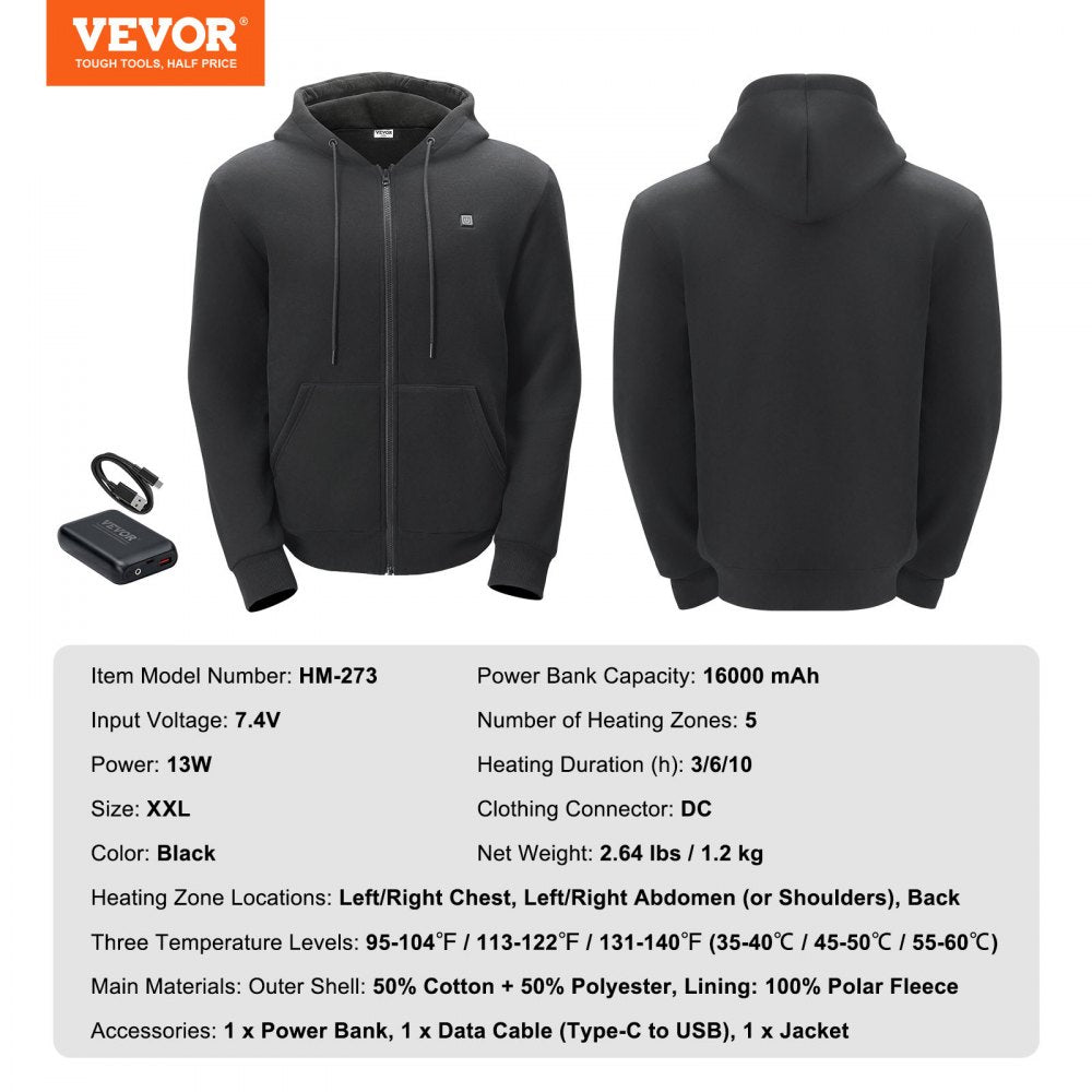 VEVOR Heated Hoodie Sweatshirt Zip Up Unisex w/ Battery for Men&Women XXL Black 