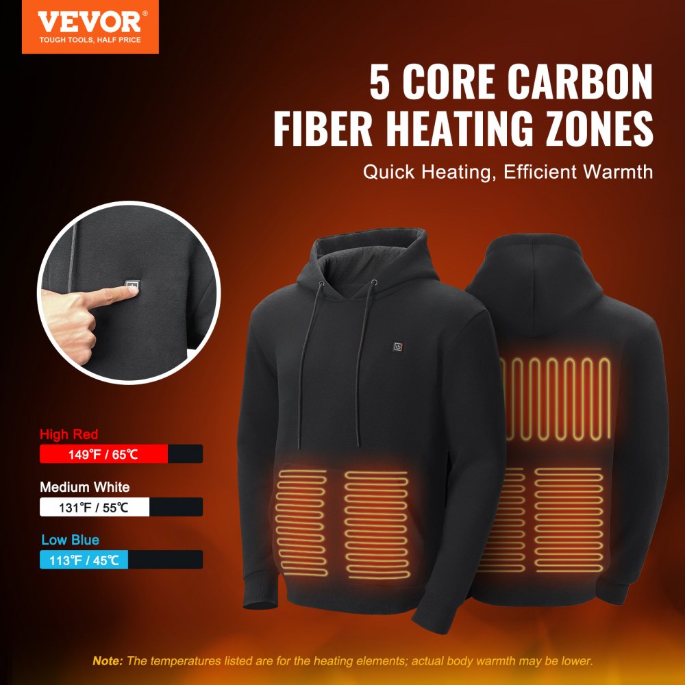 VEVOR Heated Hoodie Sweatshirt Unisex with Battery for Men & Women XXL Black 