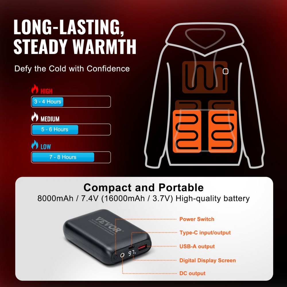 VEVOR Heated Hoodie Sweatshirt Unisex with Battery for Men & Women L Size Black 