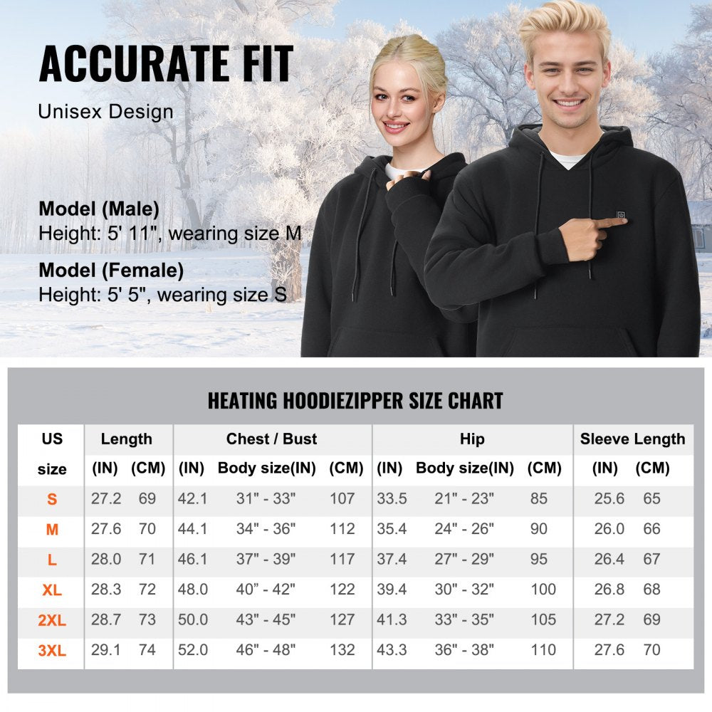 VEVOR Heated Hoodie Sweatshirt Unisex with Battery for Men & Women L Size Black 
