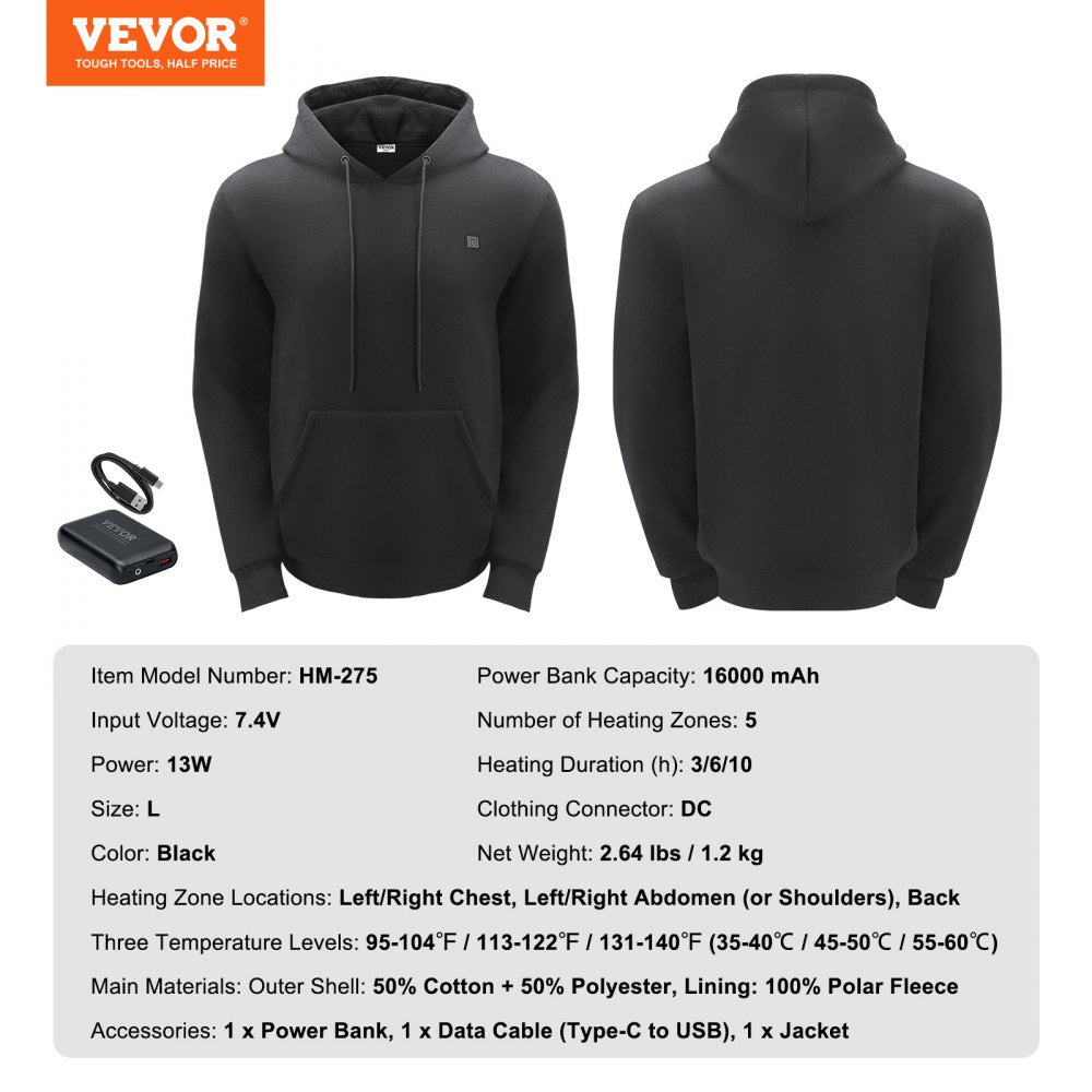 VEVOR Heated Hoodie Sweatshirt Unisex with Battery for Men & Women L Size Black 