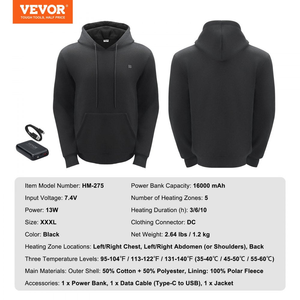 VEVOR Heated Hoodie Sweatshirt Unisex with Battery for Men & Women XXXL Black 