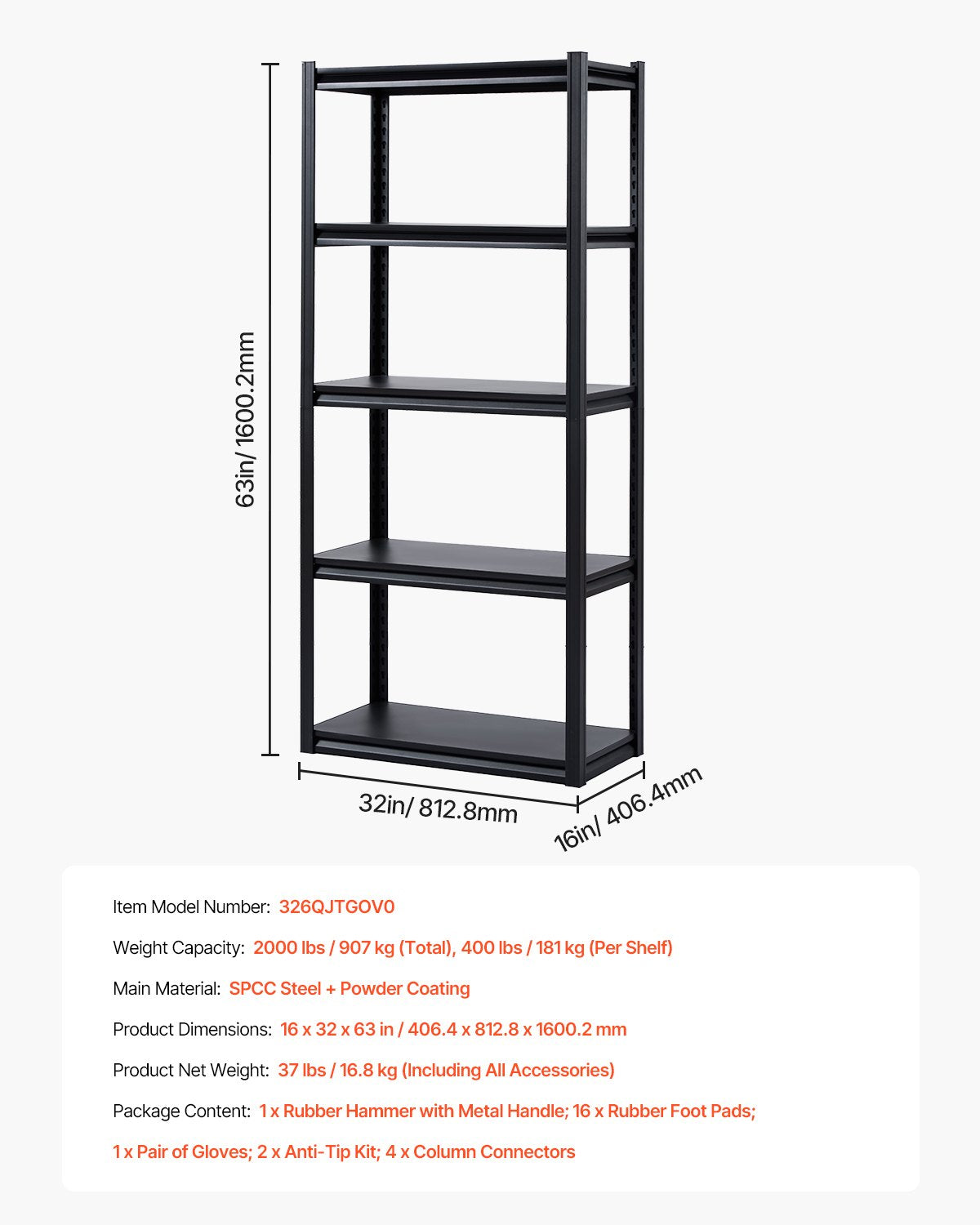VEVOR Storage Shelves 16" D x 32" W x 63" H 5-tier Garage Storage Shelving 
