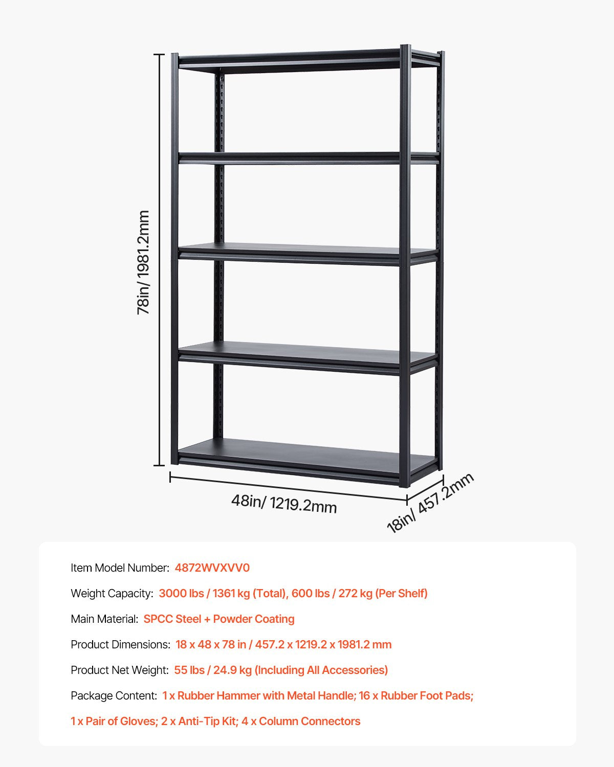 VEVOR Storage Shelves 18" D x 48" W x 78" H 5-tier Garage Storage Shelving 