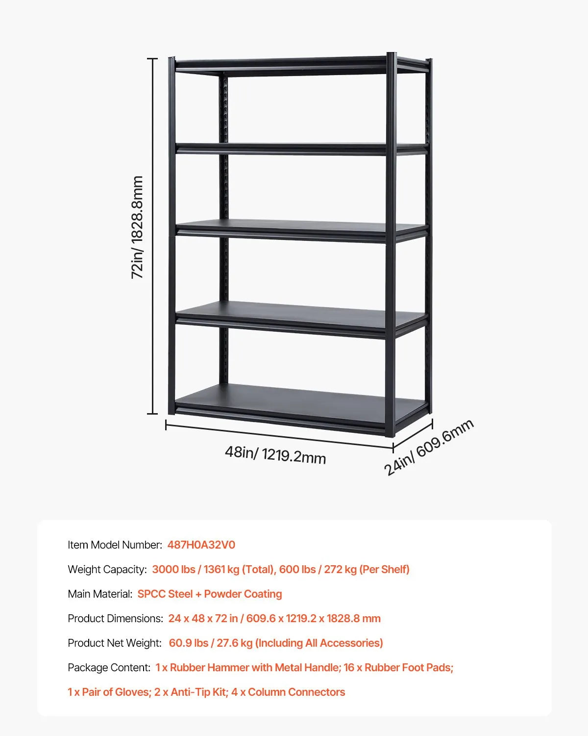 VEVOR Storage Shelves 24" D x 48" W x 72" H 5-tier Garage Storage Shelving
