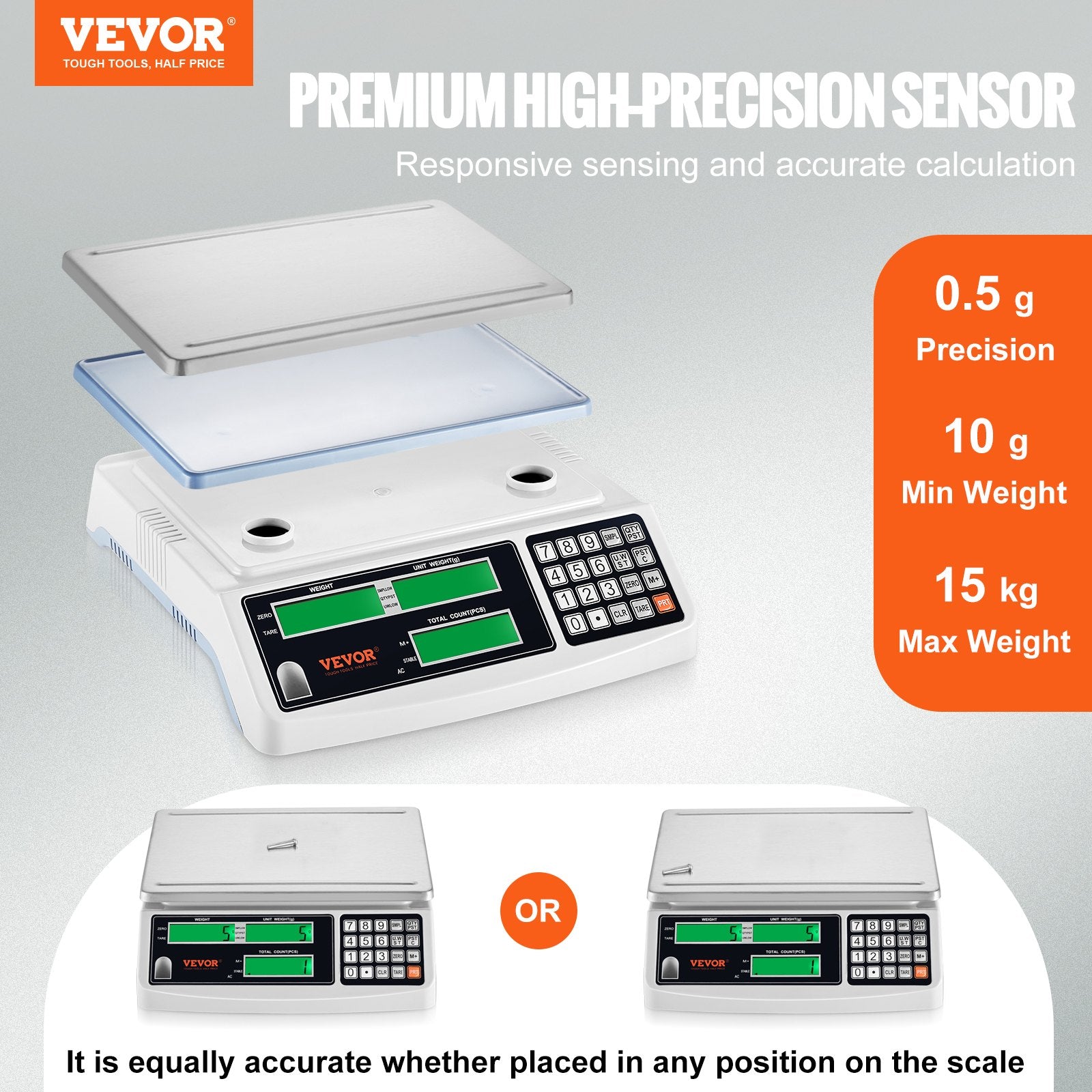 VEVOR Industrial Counting Scale, 15 kg x 0.5 g, Digital Scale for Parts and Coins, g/kg/lb Units, Electronic Gram Scale Inventory Counting Scale Kitchen Jewelry Scale with RS232 Port and 3 LCD Screens 