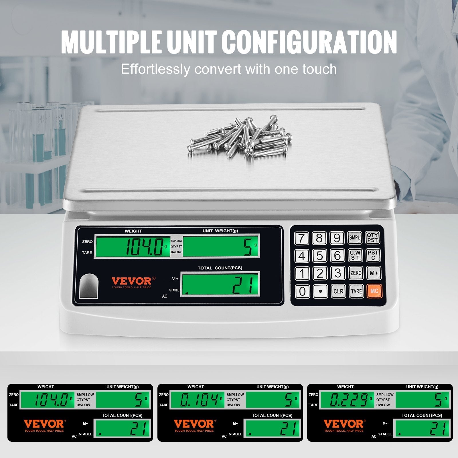 VEVOR Industrial Counting Scale, 30 kg x 1 g, Digital Scale for Parts and Coins, g/kg/lb Units, Electronic Gram Scale Inventory Piece Counting Scale Kitchen Jewelry Counting Scale with 3 LCD Screens 