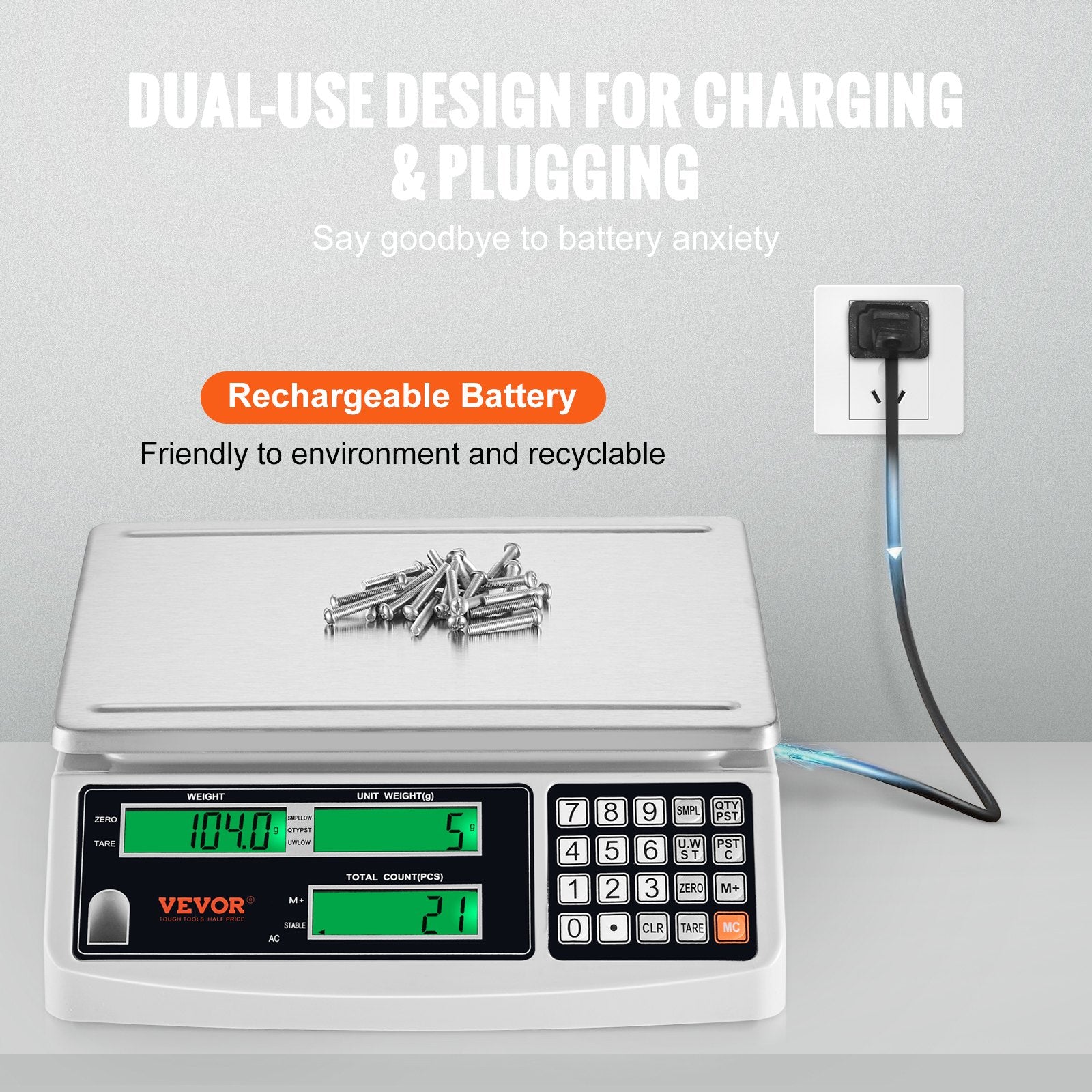 VEVOR Industrial Counting Scale, 30 kg x 1 g, Digital Scale for Parts and Coins, g/kg/lb Units, Electronic Gram Scale Inventory Piece Counting Scale Kitchen Jewelry Counting Scale with 3 LCD Screens 