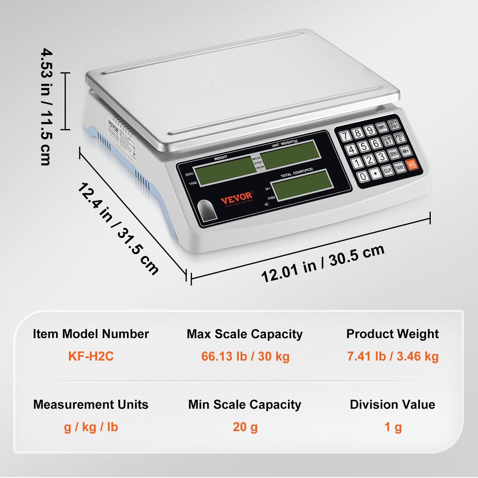 VEVOR Industrial Counting Scale, 30 kg x 1 g, Digital Scale for Parts and Coins, g/kg/lb Units, Electronic Gram Scale Inventory Piece Counting Scale Kitchen Jewelry Counting Scale with 3 LCD Screens 