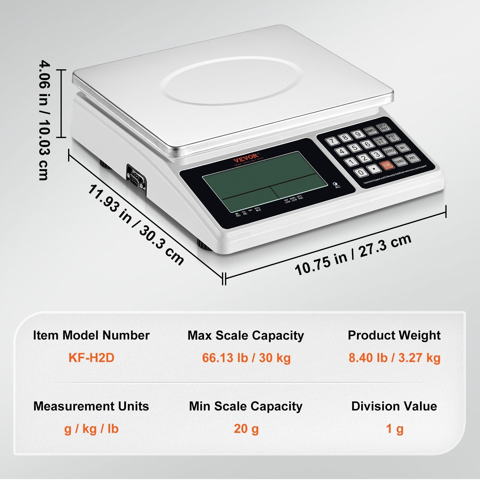 VEVOR Industrial Counting Scale, 30 kg x 1 g, Digital Scale for Parts and Coins, g/kg/lb Units, Electronic Gram Scale Inventory Counting Scale Kitchen Jewelry Scale with RS232 Port and LCD Screen 