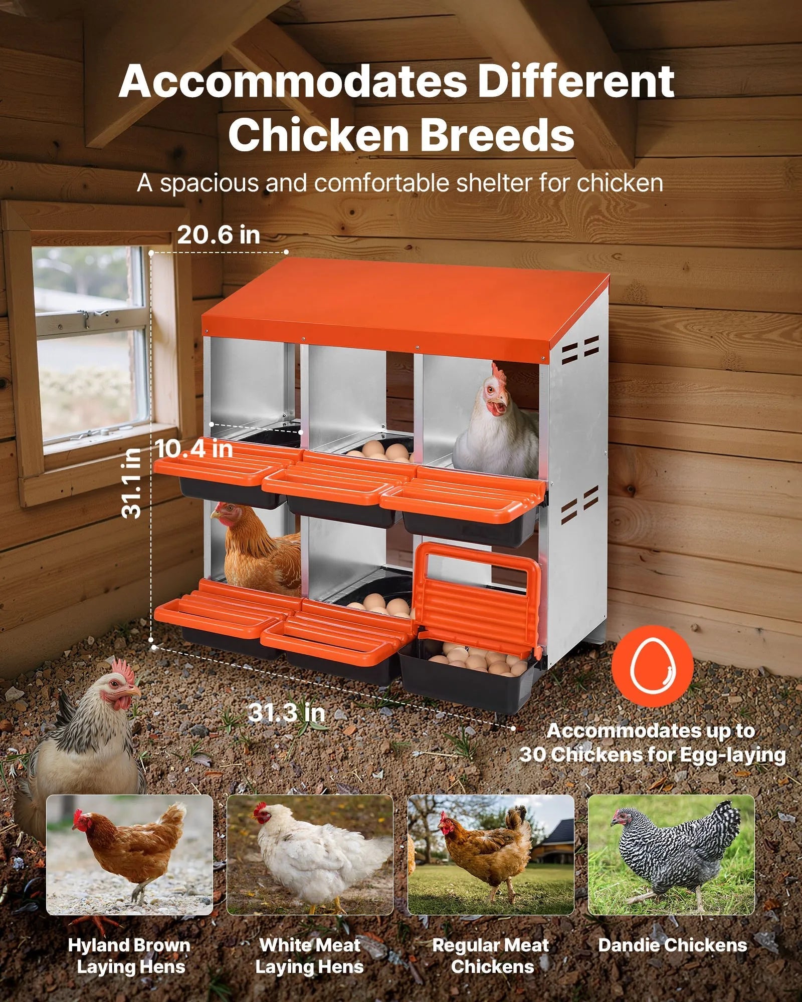 VEVOR 2 Tiers Chicken Nesting Boxes, 6 Compartments, Metal Egg Laying Boxes with Protective Collection Lids, Roll Out Nesting Box, Easy to Assemble, Ideal for Hens, Ducks, Chickens, and Other Poultry 