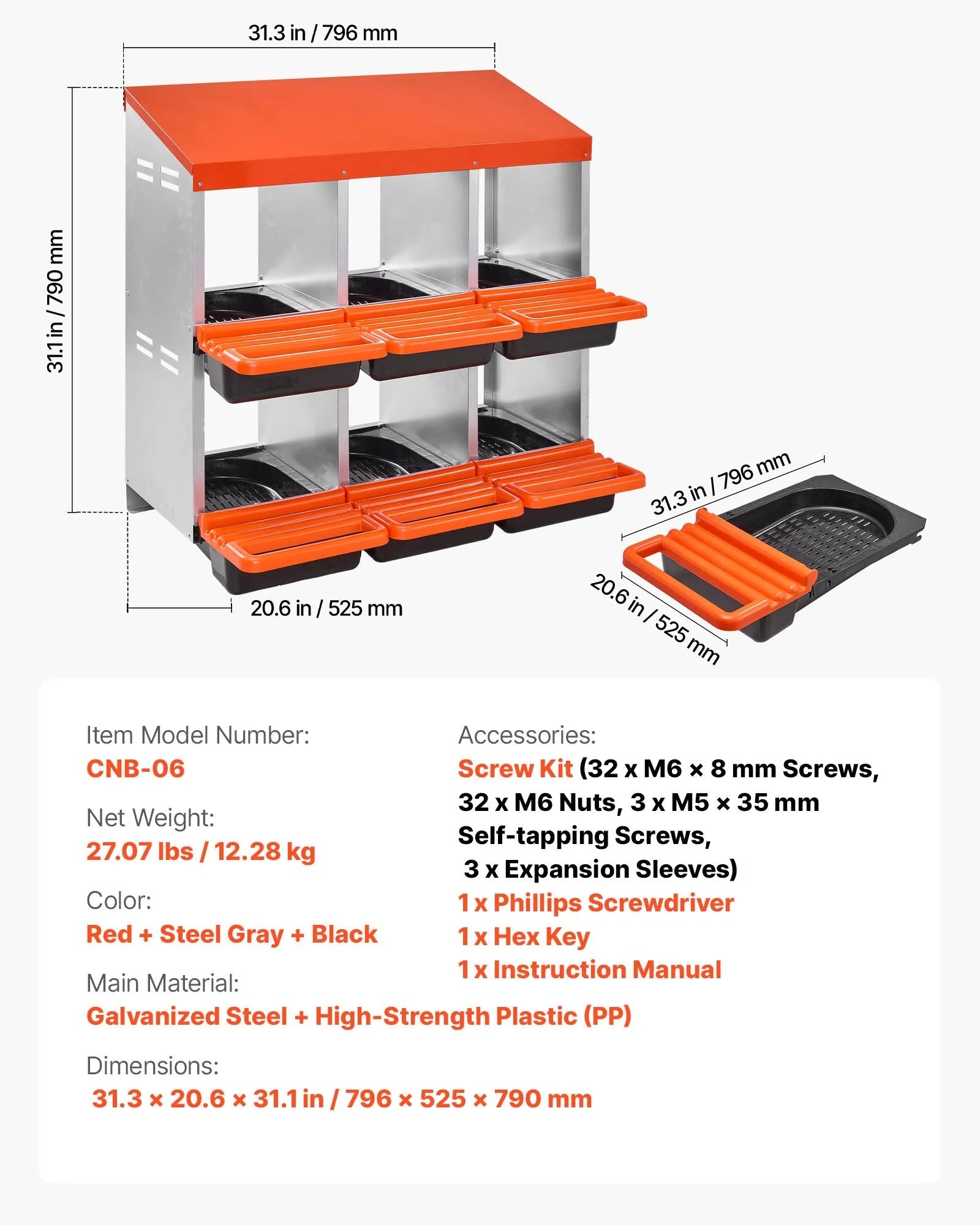 VEVOR 2 Tiers Chicken Nesting Boxes, 6 Compartments, Metal Egg Laying Boxes with Protective Collection Lids, Roll Out Nesting Box, Easy to Assemble, Ideal for Hens, Ducks, Chickens, and Other Poultry 