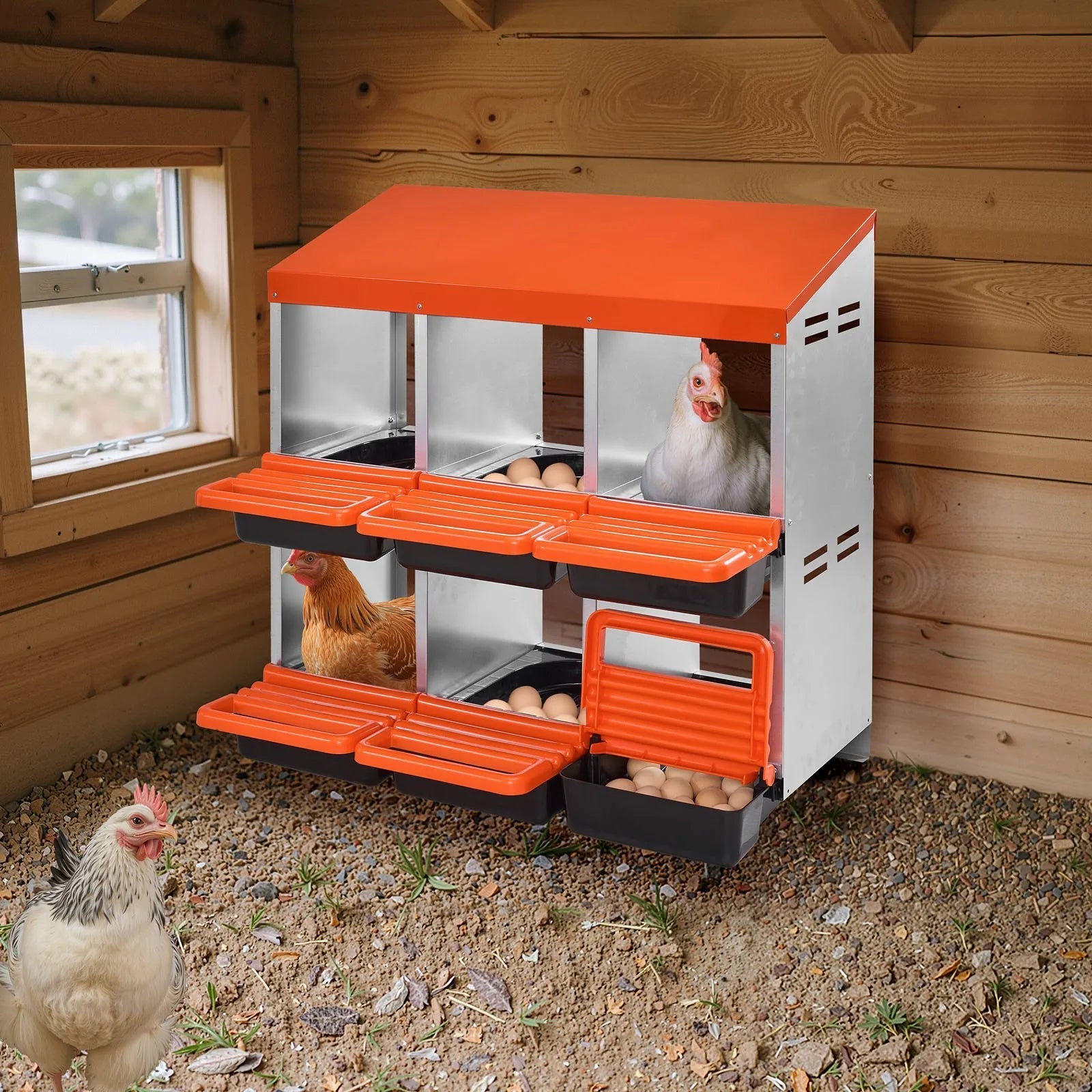 VEVOR 2 Tiers Chicken Nesting Boxes, 6 Compartments, Metal Egg Laying Boxes with Protective Collection Lids, Roll Out Nesting Box, Easy to Assemble, Ideal for Hens, Ducks, Chickens, and Other Poultry 
