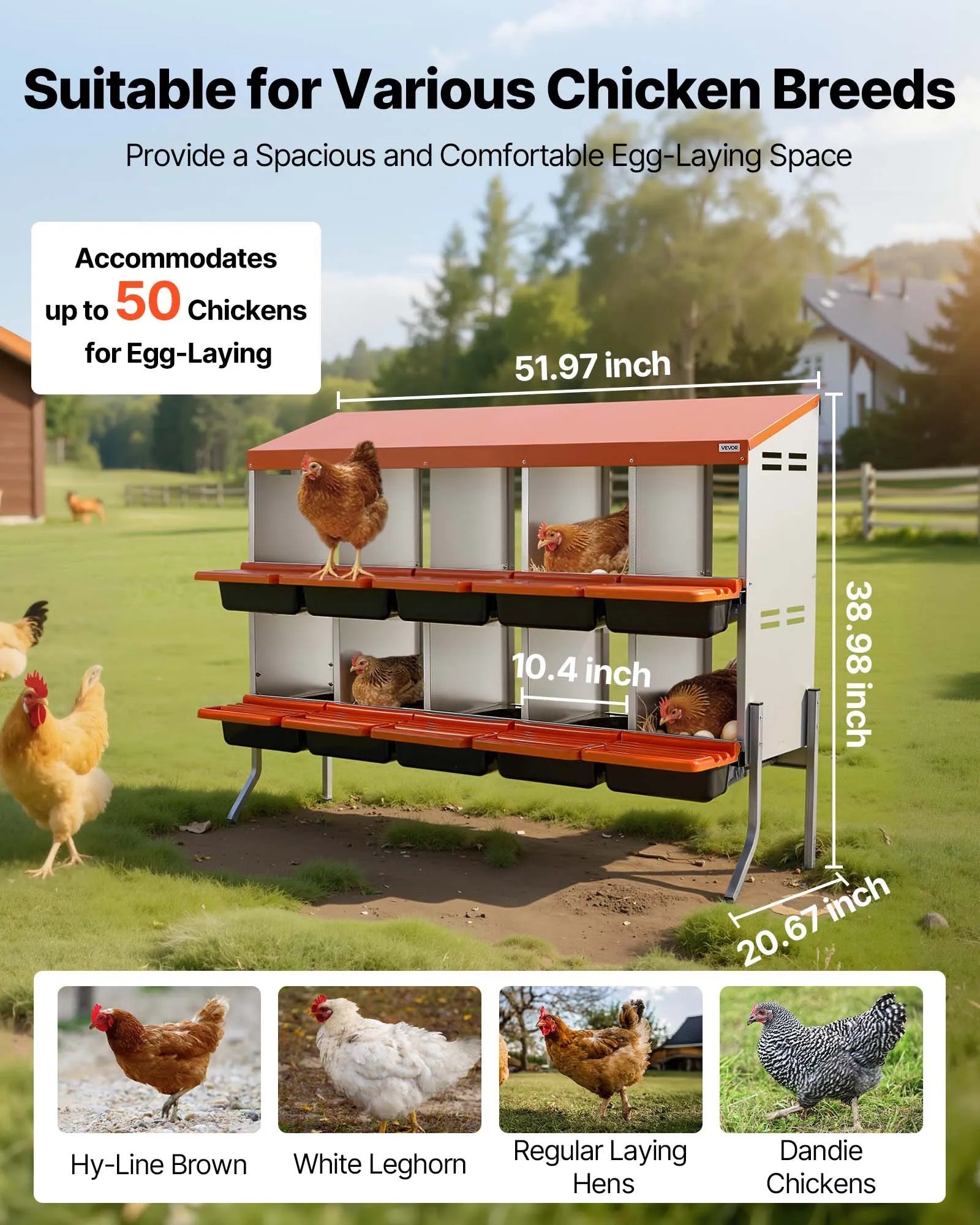 VEVOR Chicken Nesting Boxes, 10 Compartments, with Support Legs, Easy Egg Collection, Galvanized Steel and High-Strength Plastic, Roll Away Nesting Boxes for Chickens and Hens Laying Eggs, Orange 