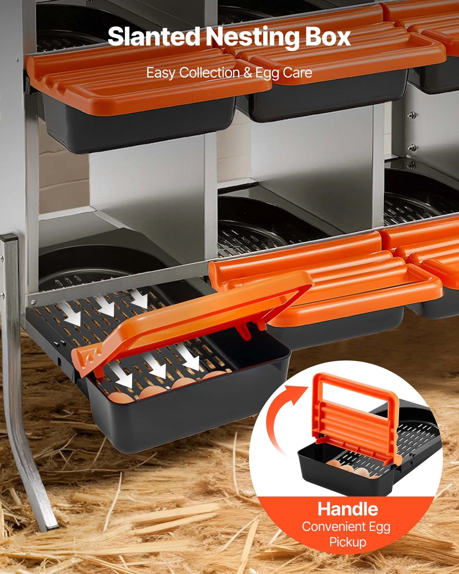 VEVOR Chicken Nesting Boxes, 10 Compartments, with Support Legs, Easy Egg Collection, Galvanized Steel and High-Strength Plastic, Roll Away Nesting Boxes for Chickens and Hens Laying Eggs, Orange 