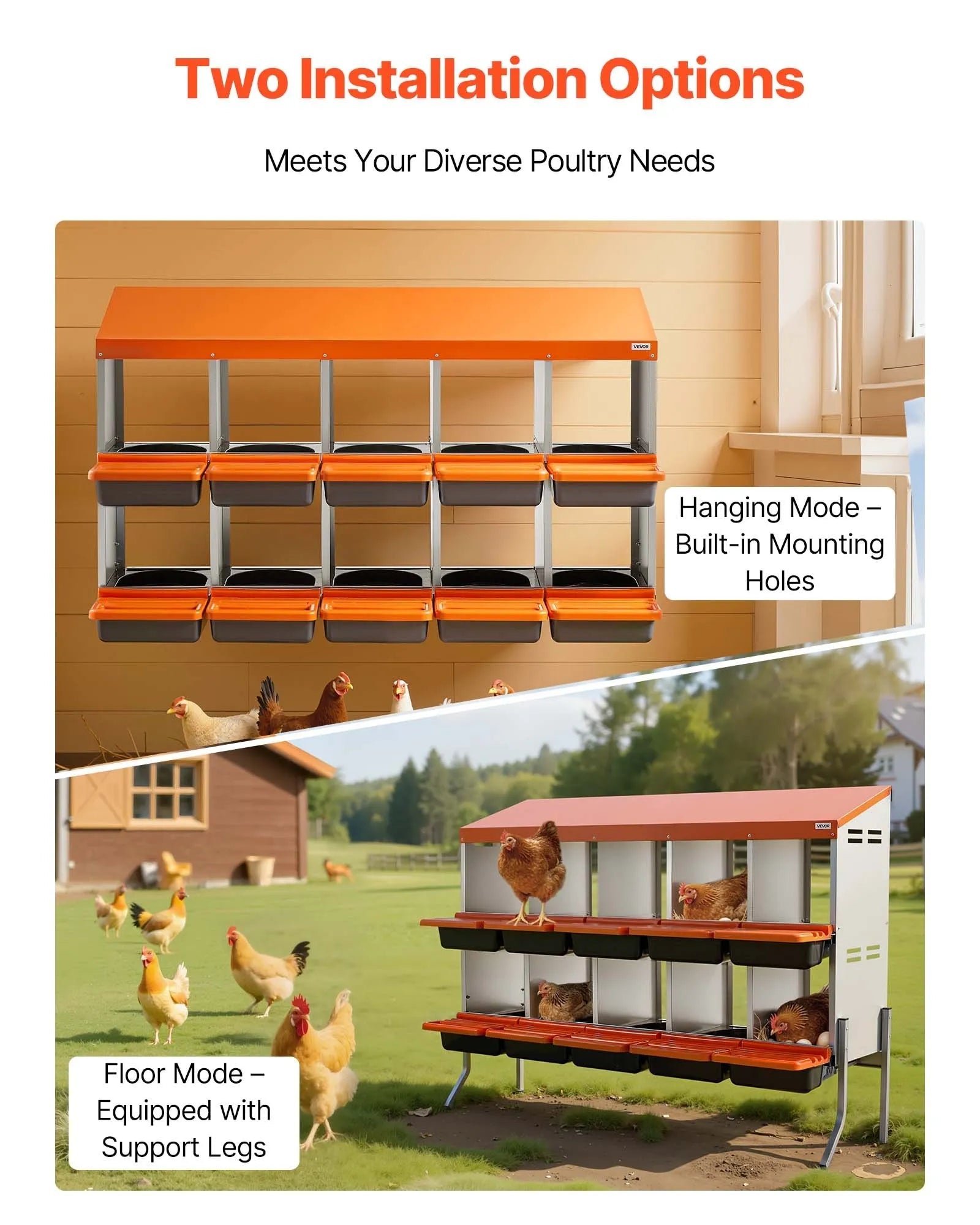 VEVOR Chicken Nesting Boxes, 10 Compartments, with Support Legs, Easy Egg Collection, Galvanized Steel and High-Strength Plastic, Roll Away Nesting Boxes for Chickens and Hens Laying Eggs, Orange 