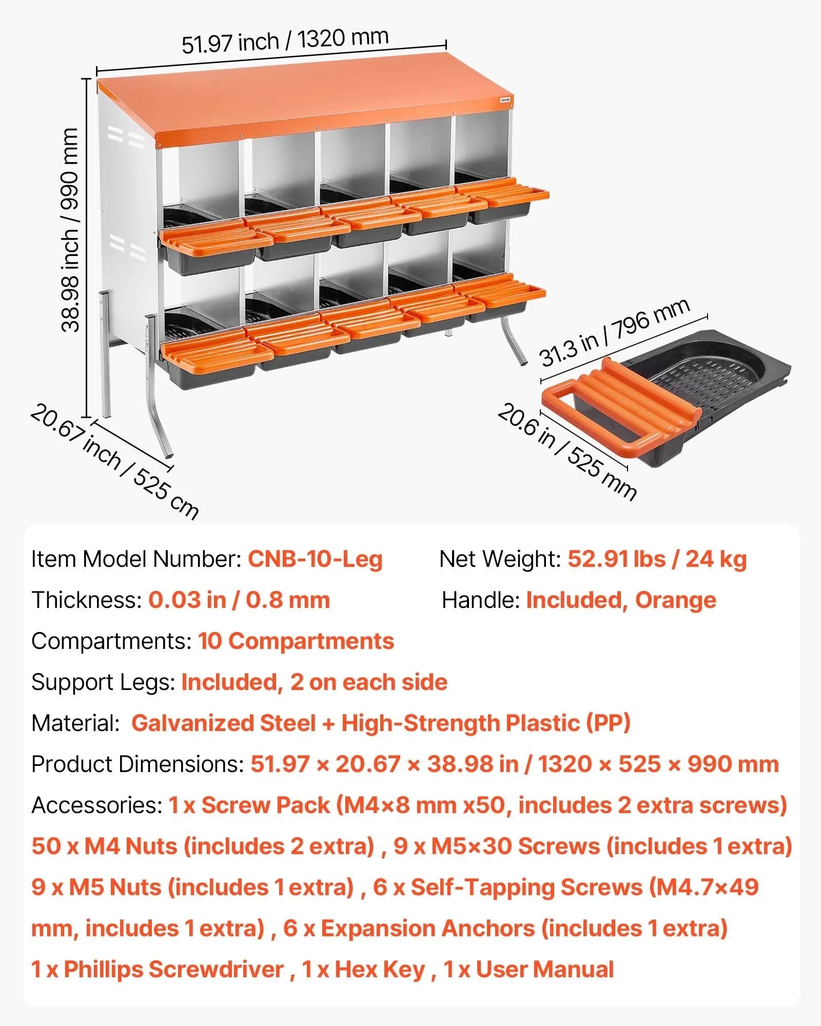 VEVOR Chicken Nesting Boxes, 10 Compartments, with Support Legs, Easy Egg Collection, Galvanized Steel and High-Strength Plastic, Roll Away Nesting Boxes for Chickens and Hens Laying Eggs, Orange 