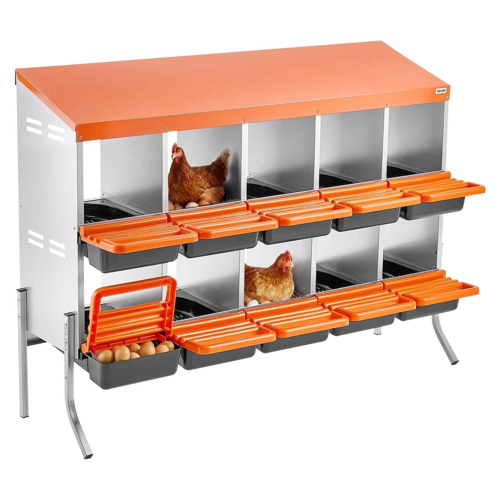 VEVOR Chicken Nesting Boxes, 10 Compartments, with Support Legs, Easy Egg Collection, Galvanized Steel and High-Strength Plastic, Roll Away Nesting Boxes for Chickens and Hens Laying Eggs, Orange 