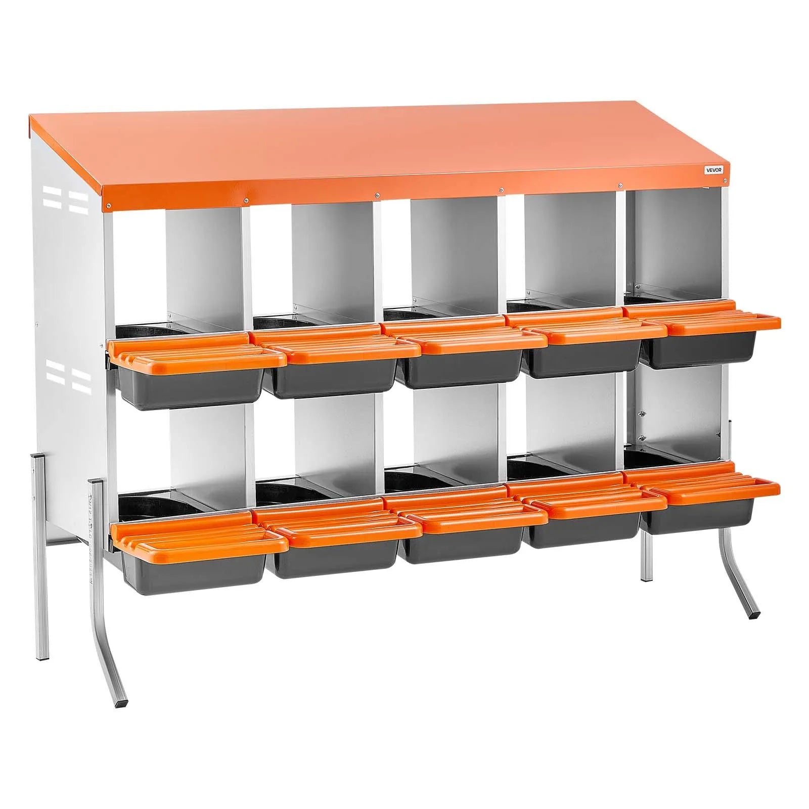 VEVOR Chicken Nesting Boxes, 10 Compartments, with Support Legs, Easy Egg Collection, Galvanized Steel and High-Strength Plastic, Roll Away Nesting Boxes for Chickens and Hens Laying Eggs, Orange 