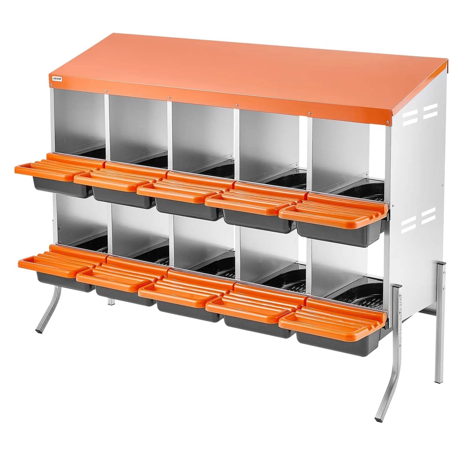 VEVOR Chicken Nesting Boxes, 10 Compartments, with Support Legs, Easy Egg Collection, Galvanized Steel and High-Strength Plastic, Roll Away Nesting Boxes for Chickens and Hens Laying Eggs, Orange 