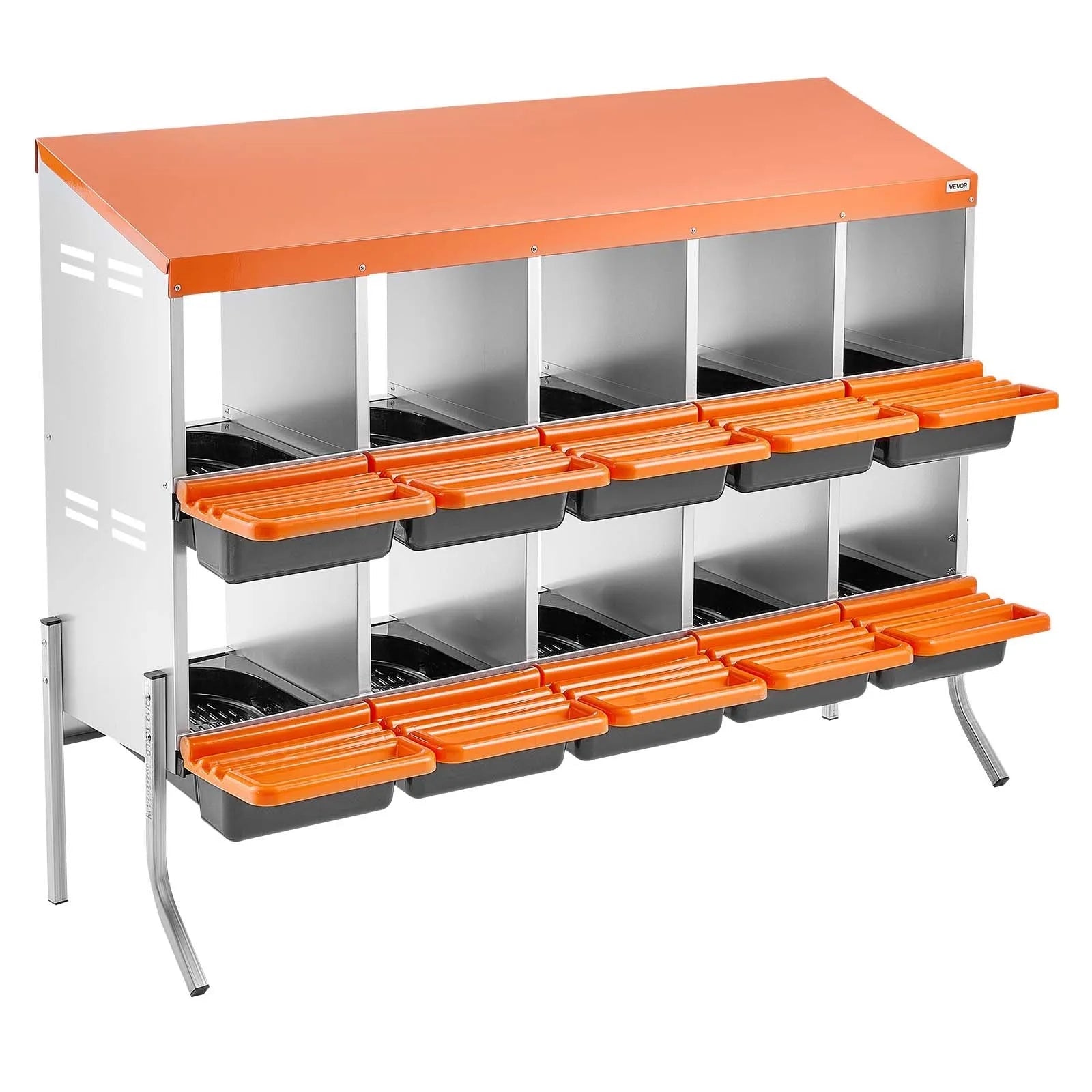VEVOR Chicken Nesting Boxes, 10 Compartments, with Support Legs, Easy Egg Collection, Galvanized Steel and High-Strength Plastic, Roll Away Nesting Boxes for Chickens and Hens Laying Eggs, Orange 