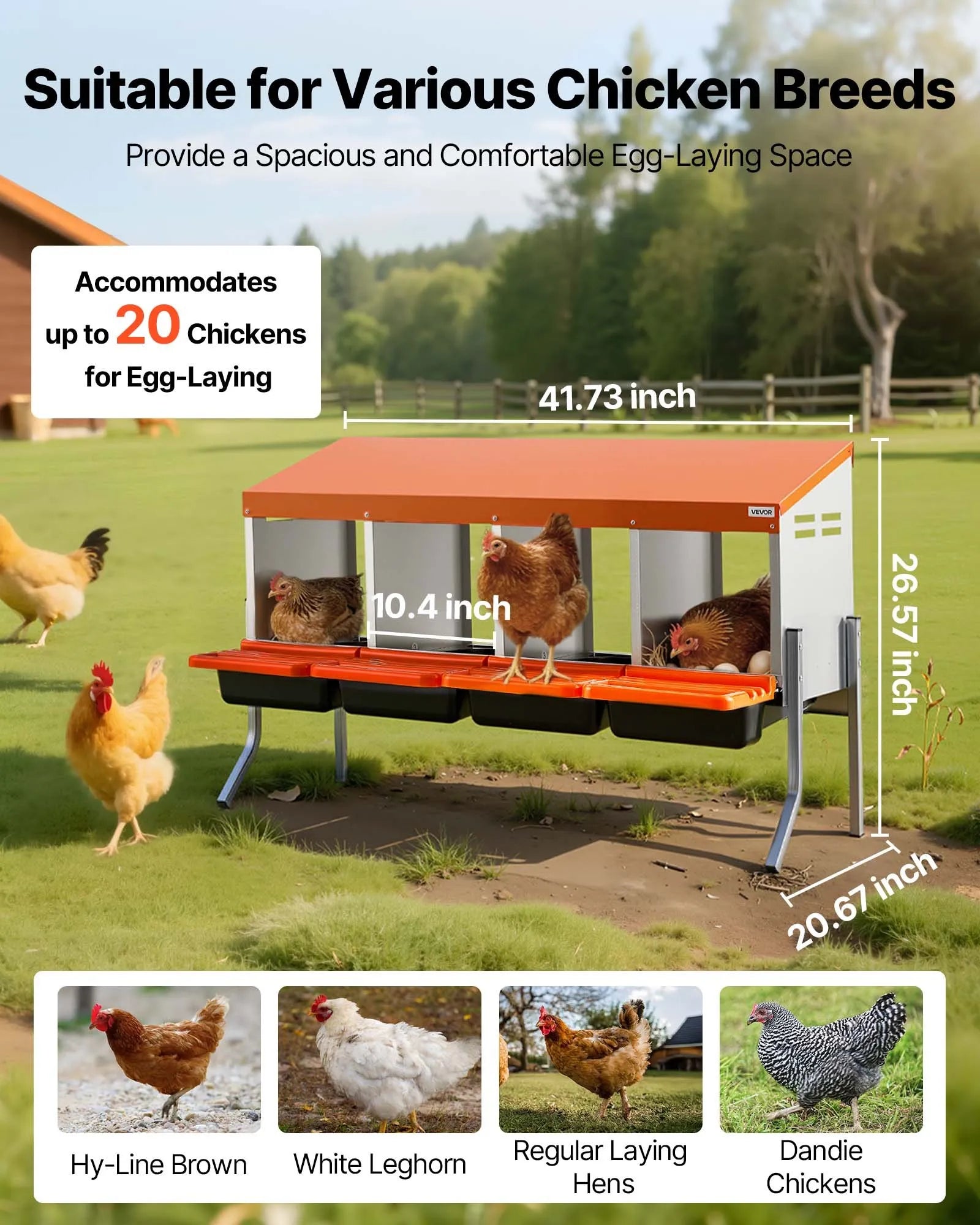 VEVOR Chicken Nesting Boxes, 4 Compartments, with Support Legs, Easy Egg Collection, Galvanized Steel and High-Strength Plastic, Roll Away Nesting Boxes for Chickens and Hens Laying Eggs, Orange 