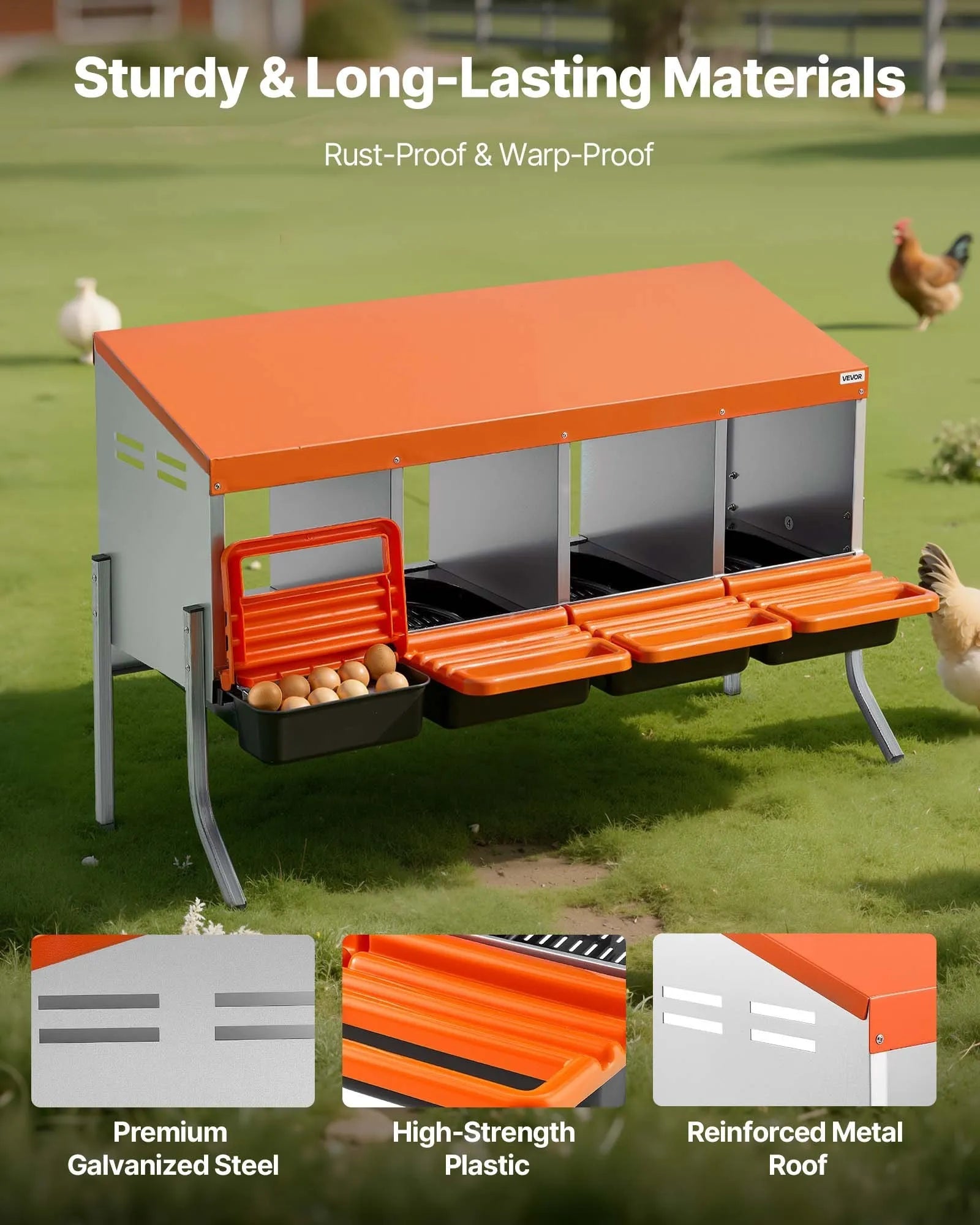 VEVOR Chicken Nesting Boxes, 4 Compartments, with Support Legs, Easy Egg Collection, Galvanized Steel and High-Strength Plastic, Roll Away Nesting Boxes for Chickens and Hens Laying Eggs, Orange 
