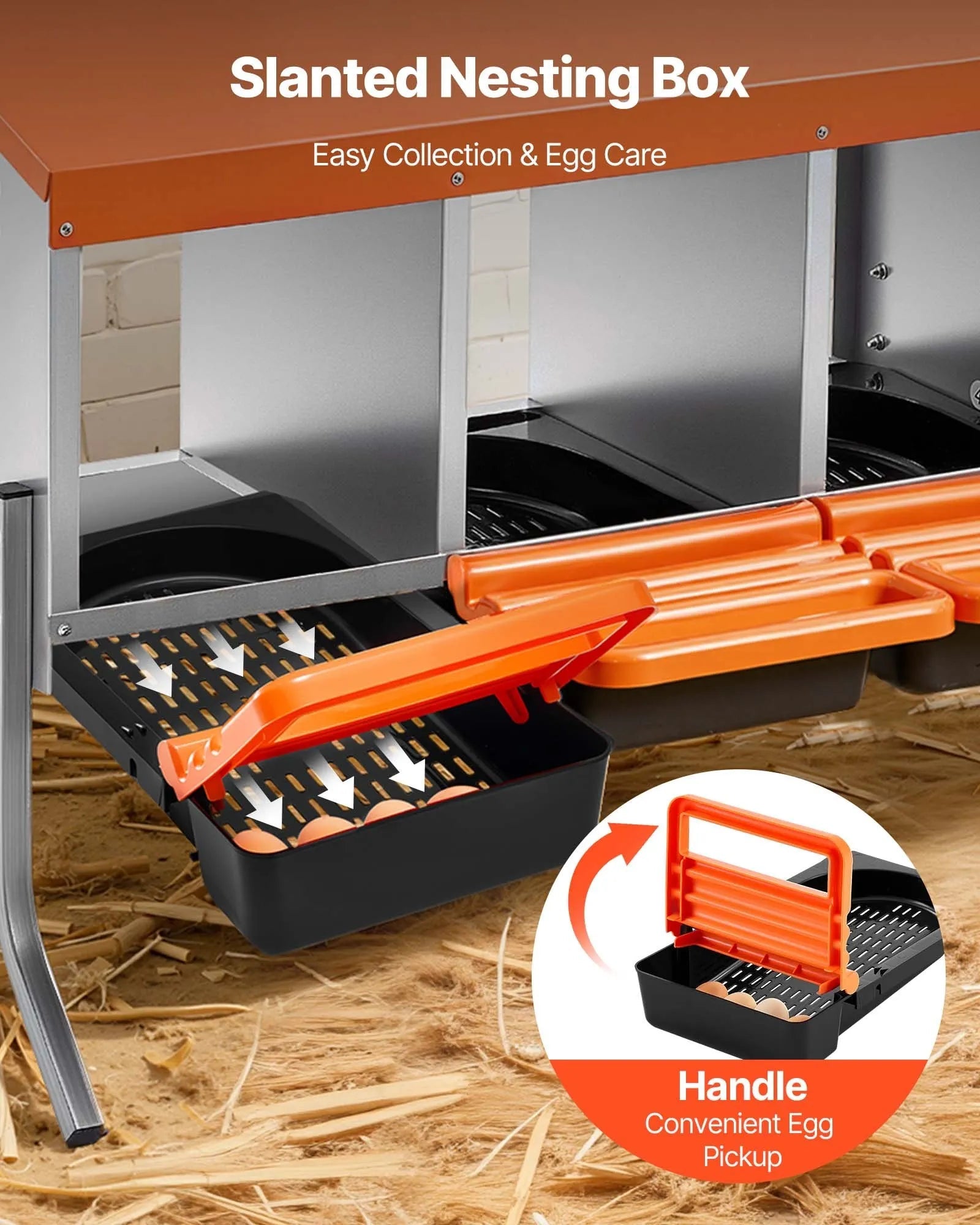 VEVOR Chicken Nesting Boxes, 4 Compartments, with Support Legs, Easy Egg Collection, Galvanized Steel and High-Strength Plastic, Roll Away Nesting Boxes for Chickens and Hens Laying Eggs, Orange 