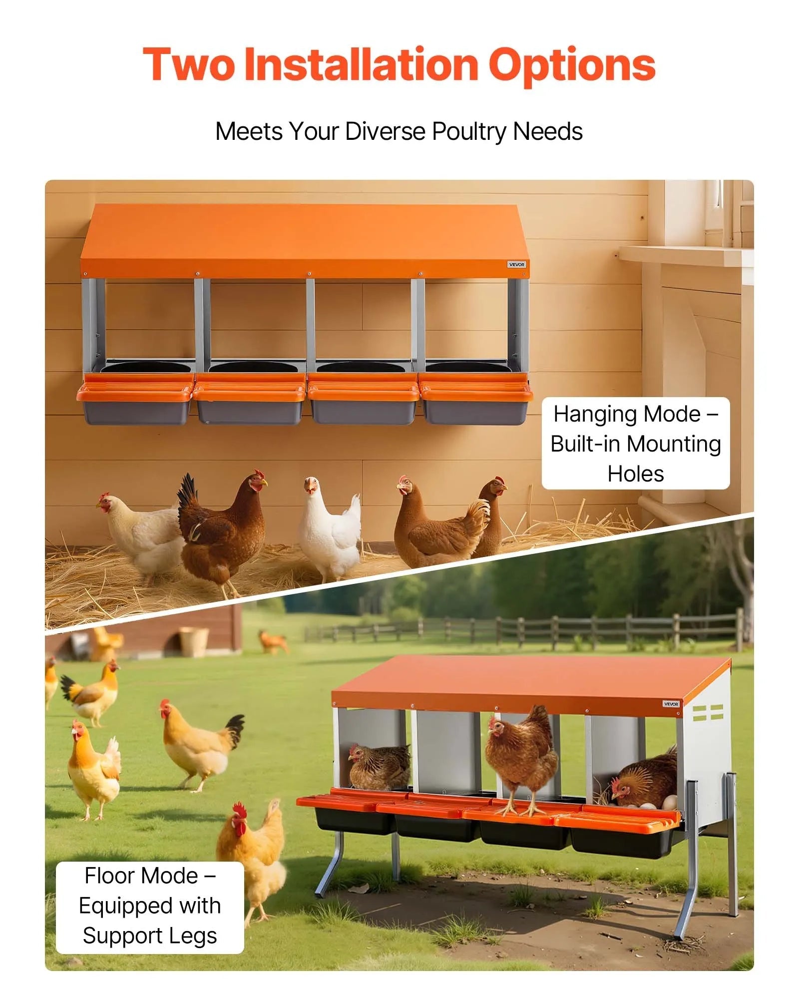 VEVOR Chicken Nesting Boxes, 4 Compartments, with Support Legs, Easy Egg Collection, Galvanized Steel and High-Strength Plastic, Roll Away Nesting Boxes for Chickens and Hens Laying Eggs, Orange 