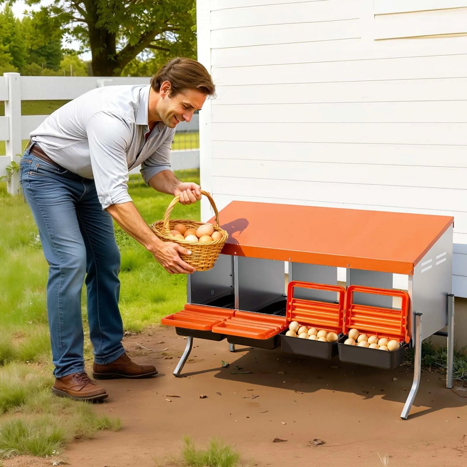 VEVOR Chicken Nesting Boxes, 4 Compartments, with Support Legs, Easy Egg Collection, Galvanized Steel and High-Strength Plastic, Roll Away Nesting Boxes for Chickens and Hens Laying Eggs, Orange 