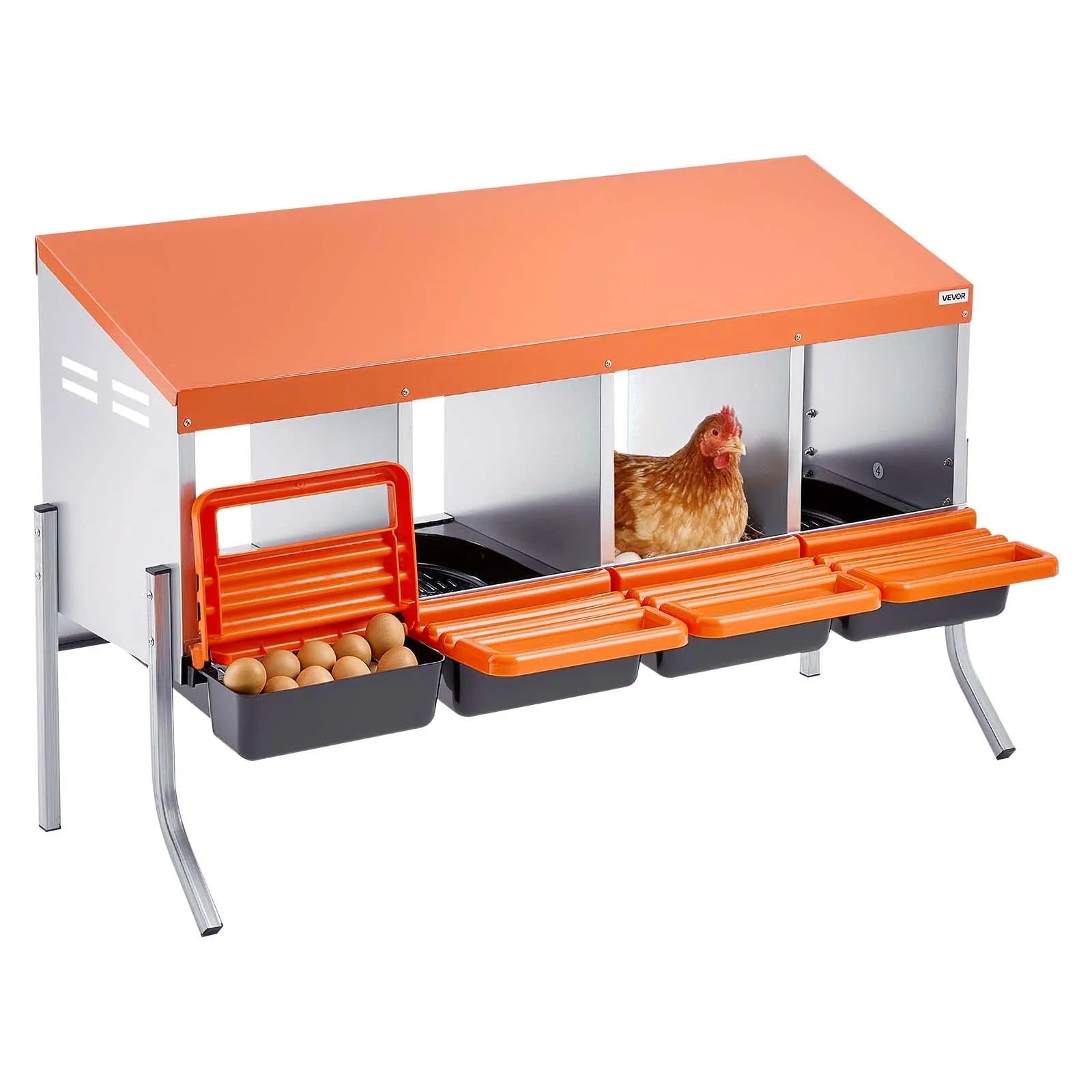 VEVOR Chicken Nesting Boxes, 4 Compartments, with Support Legs, Easy Egg Collection, Galvanized Steel and High-Strength Plastic, Roll Away Nesting Boxes for Chickens and Hens Laying Eggs, Orange 