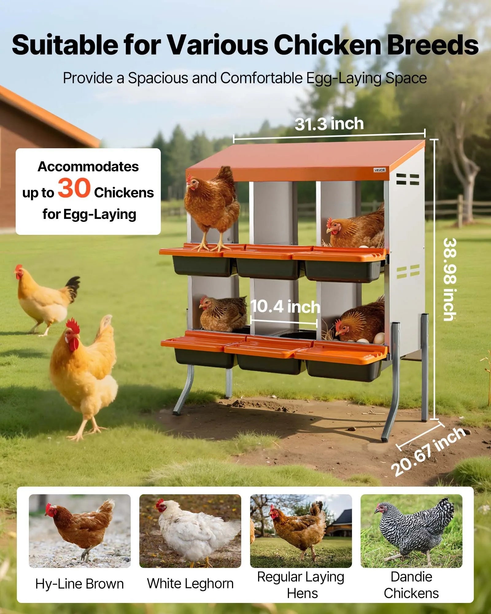 VEVOR Chicken Nesting Boxes, 6 Compartments, with Support Legs, Easy Egg Collection, Galvanized Steel and High-Strength Plastic, Roll Away Nesting Boxes for Chickens and Hens Laying Eggs, Orange 