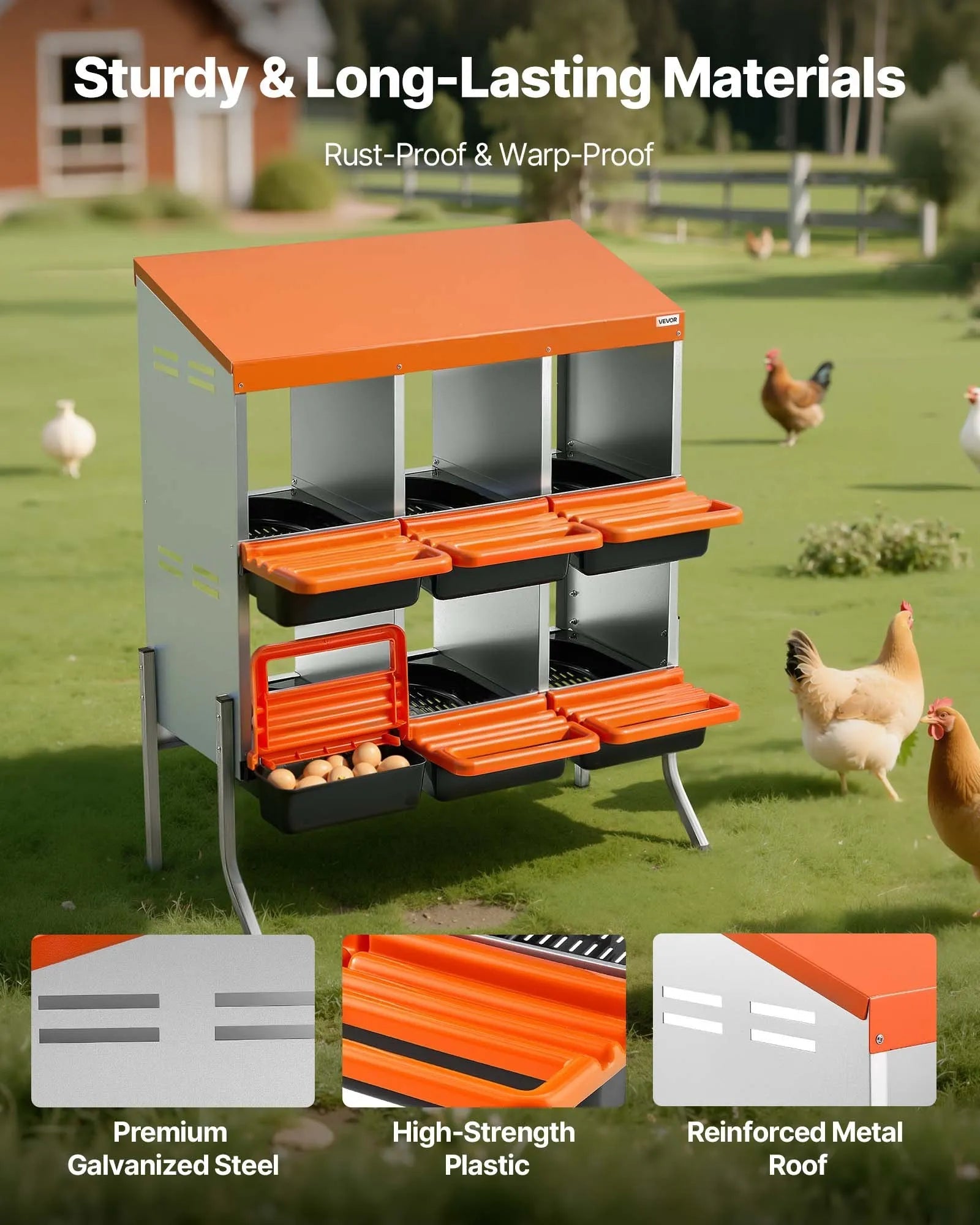 VEVOR Chicken Nesting Boxes, 6 Compartments, with Support Legs, Easy Egg Collection, Galvanized Steel and High-Strength Plastic, Roll Away Nesting Boxes for Chickens and Hens Laying Eggs, Orange 