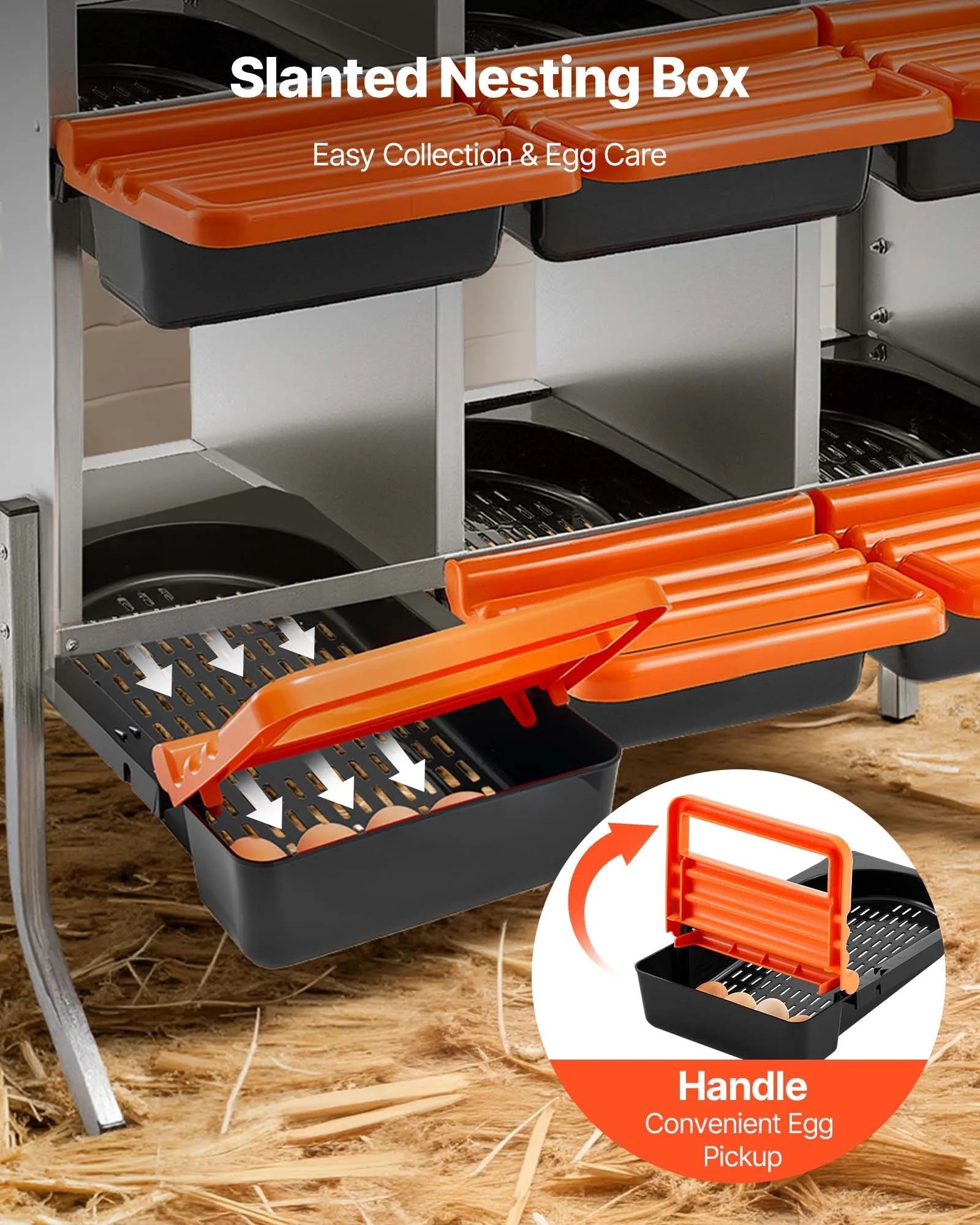 VEVOR Chicken Nesting Boxes, 6 Compartments, with Support Legs, Easy Egg Collection, Galvanized Steel and High-Strength Plastic, Roll Away Nesting Boxes for Chickens and Hens Laying Eggs, Orange 