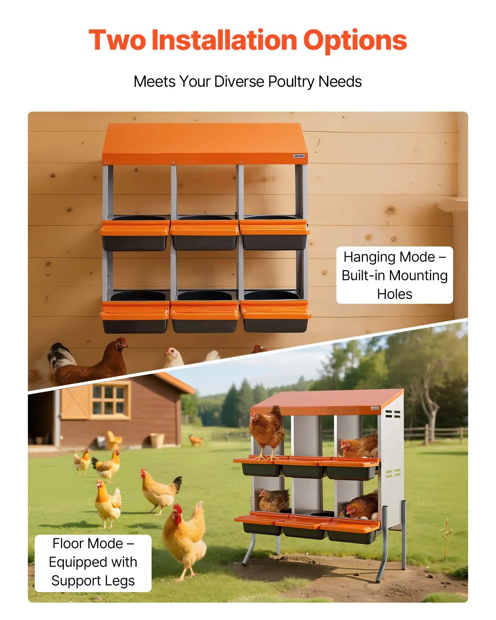 VEVOR Chicken Nesting Boxes, 6 Compartments, with Support Legs, Easy Egg Collection, Galvanized Steel and High-Strength Plastic, Roll Away Nesting Boxes for Chickens and Hens Laying Eggs, Orange 