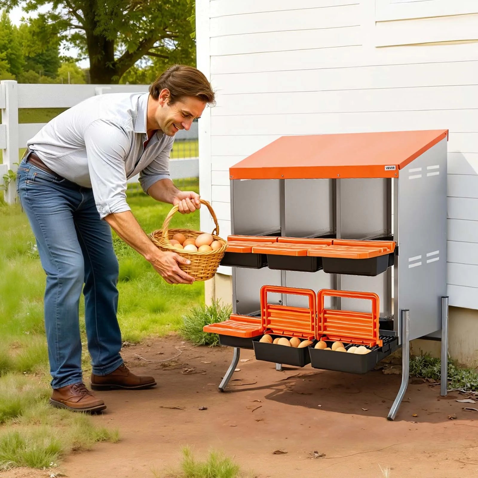 VEVOR Chicken Nesting Boxes, 6 Compartments, with Support Legs, Easy Egg Collection, Galvanized Steel and High-Strength Plastic, Roll Away Nesting Boxes for Chickens and Hens Laying Eggs, Orange 