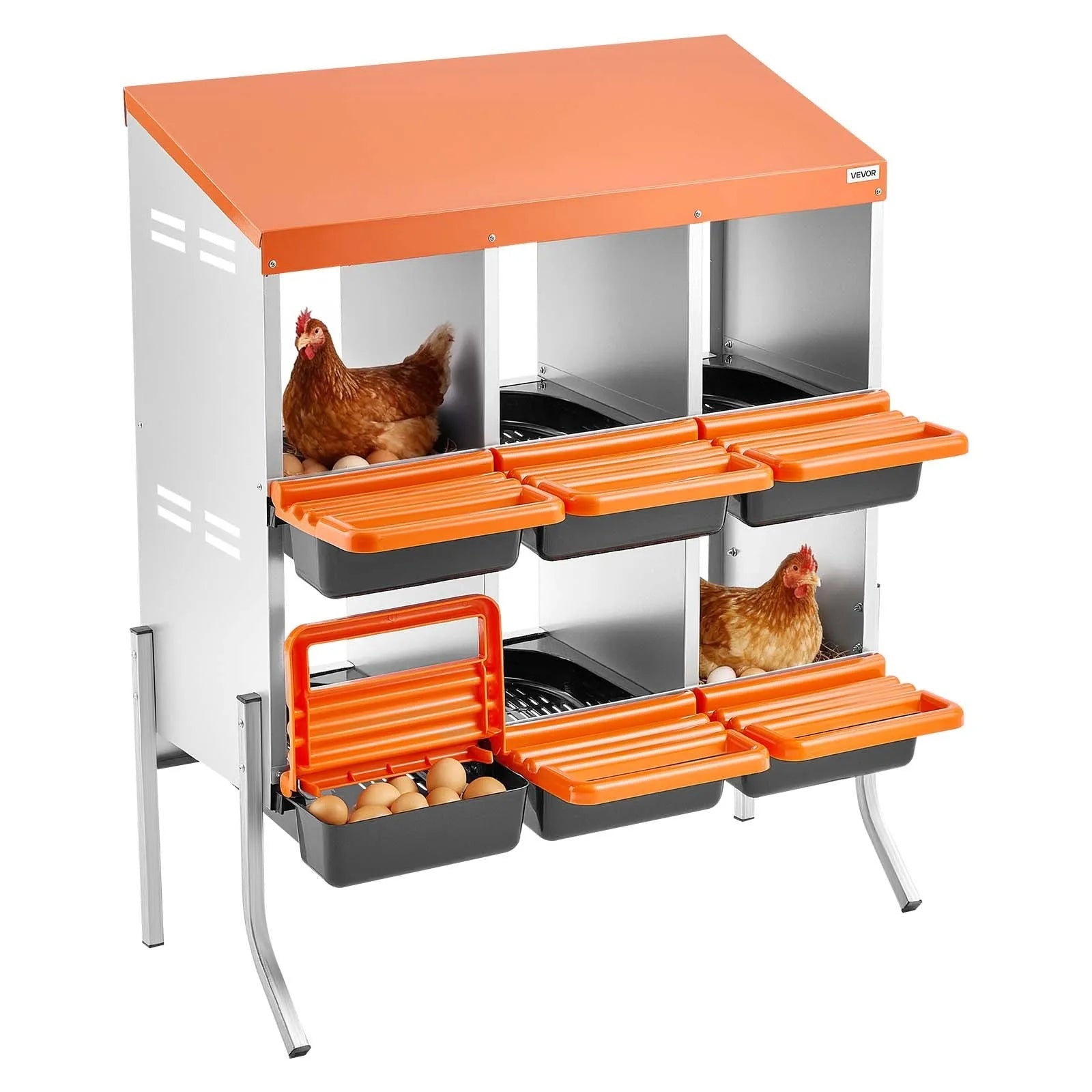 VEVOR Chicken Nesting Boxes, 6 Compartments, with Support Legs, Easy Egg Collection, Galvanized Steel and High-Strength Plastic, Roll Away Nesting Boxes for Chickens and Hens Laying Eggs, Orange 