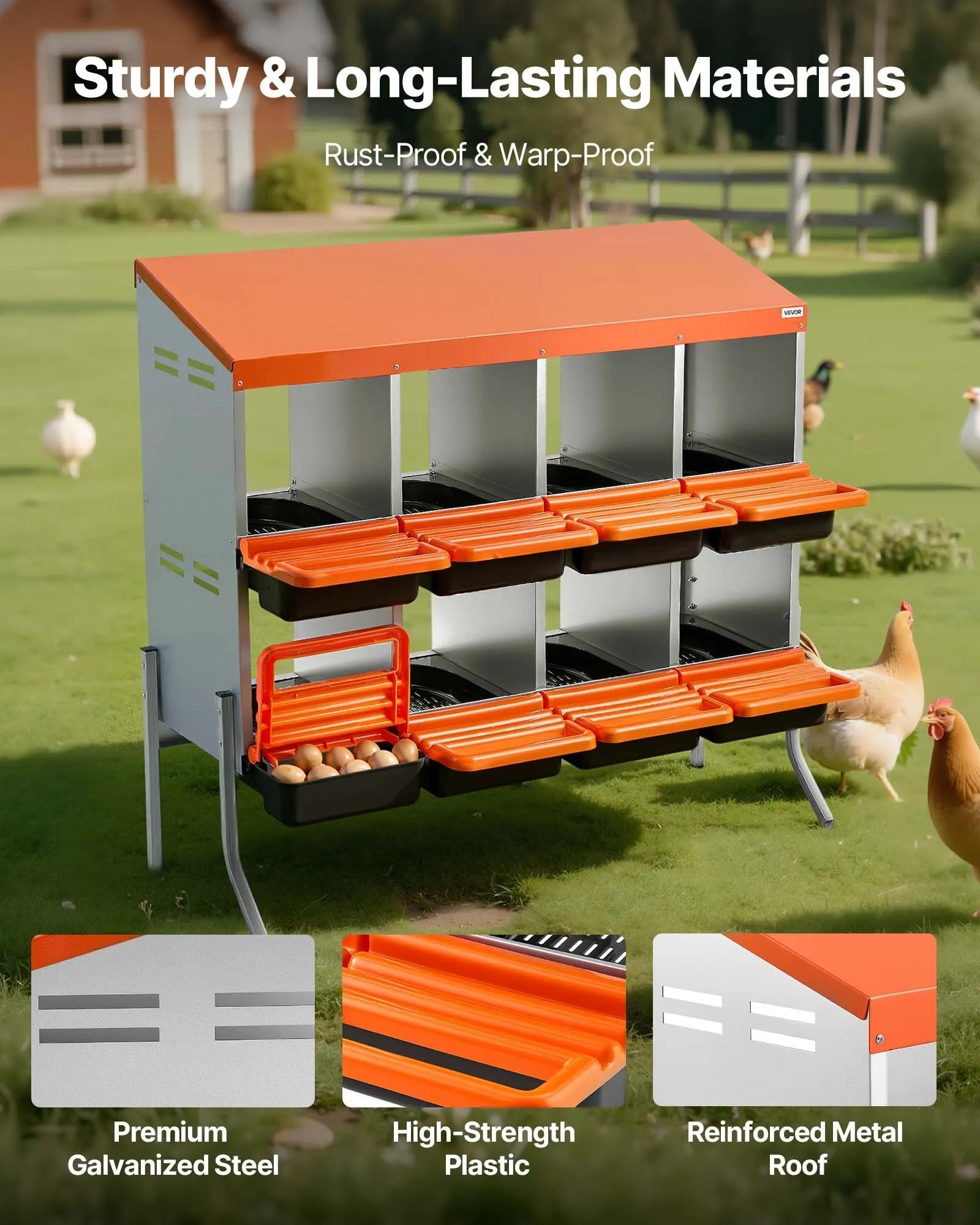 VEVOR Chicken Nesting Boxes, 8 Compartments, with Support Legs, Easy Egg Collection, Galvanized Steel and High-Strength Plastic, Roll Away Nesting Boxes for Chickens and Hens Laying Eggs, Orange 