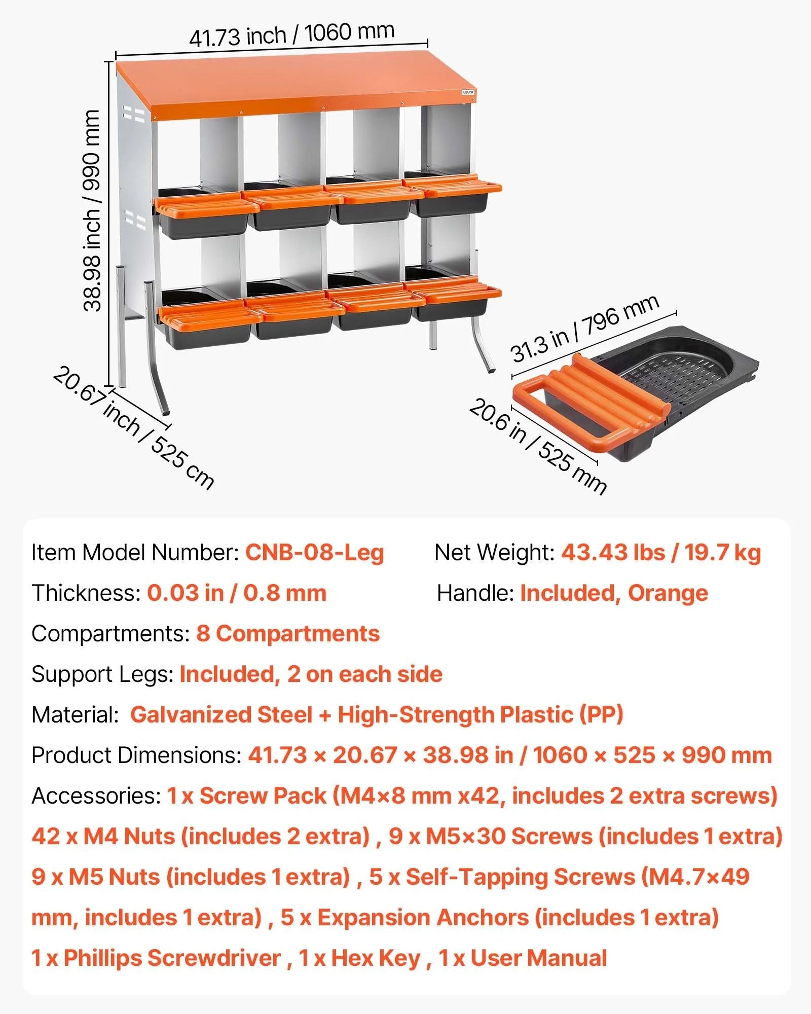 VEVOR Chicken Nesting Boxes, 8 Compartments, with Support Legs, Easy Egg Collection, Galvanized Steel and High-Strength Plastic, Roll Away Nesting Boxes for Chickens and Hens Laying Eggs, Orange 