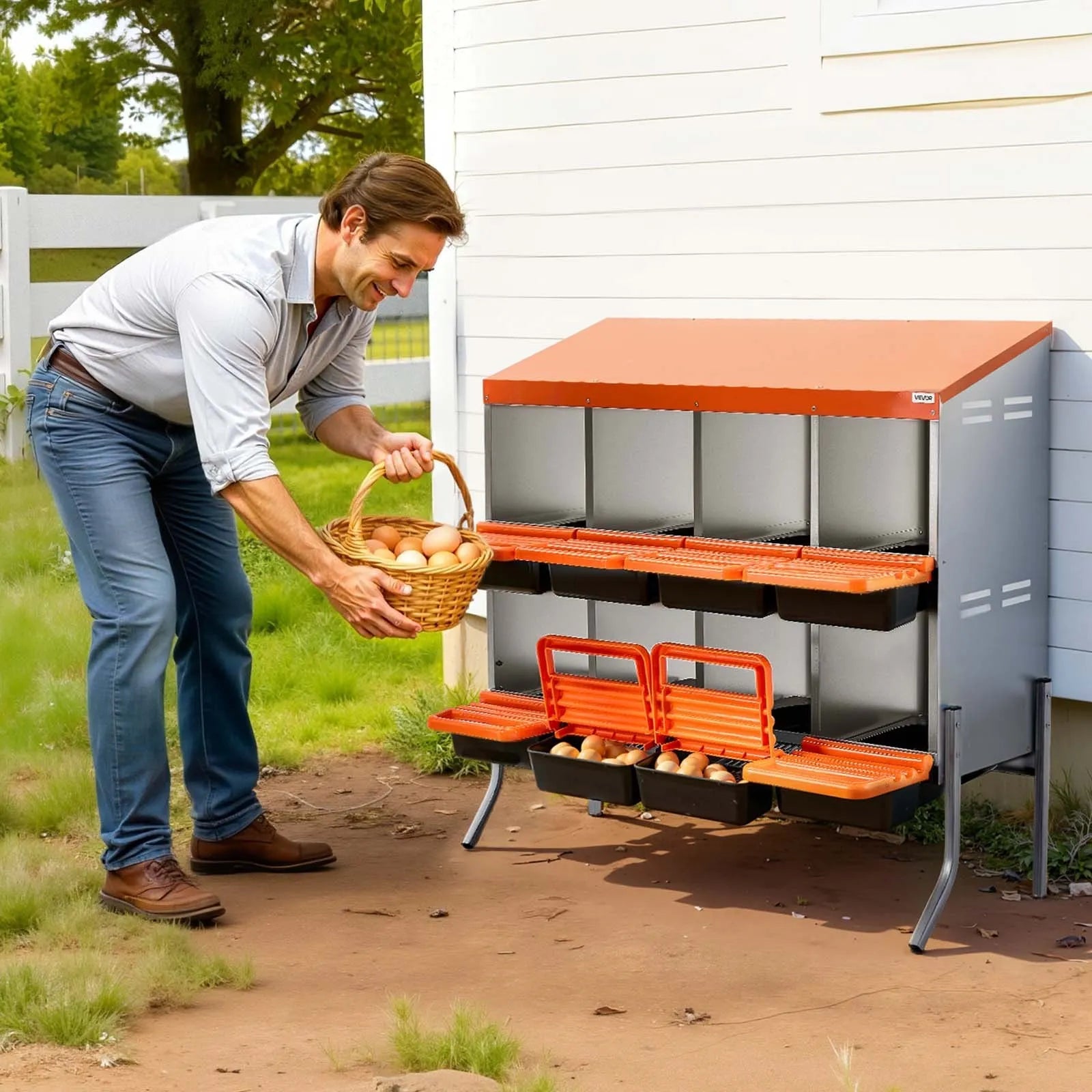 VEVOR Chicken Nesting Boxes, 8 Compartments, with Support Legs, Easy Egg Collection, Galvanized Steel and High-Strength Plastic, Roll Away Nesting Boxes for Chickens and Hens Laying Eggs, Orange 