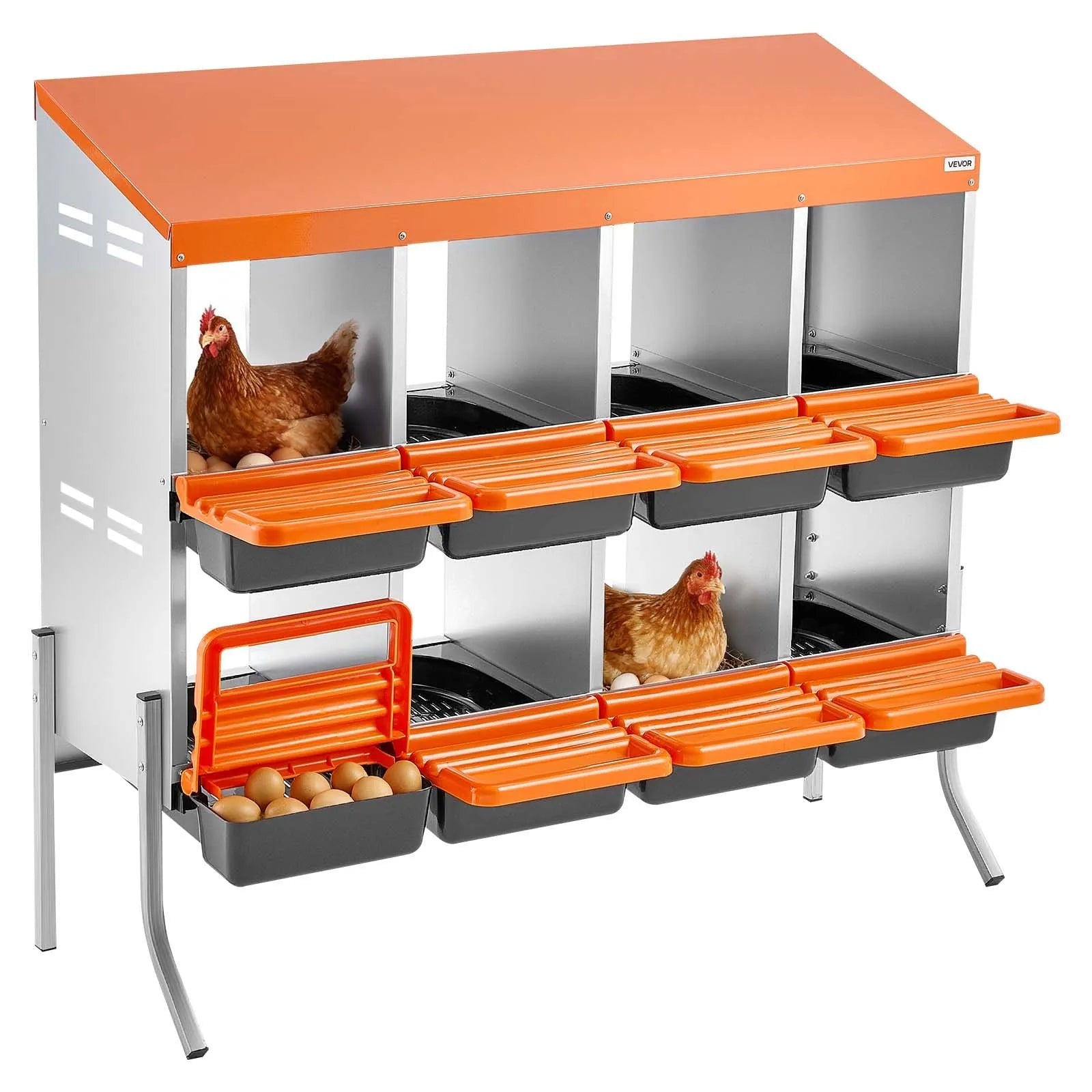 VEVOR Chicken Nesting Boxes, 8 Compartments, with Support Legs, Easy Egg Collection, Galvanized Steel and High-Strength Plastic, Roll Away Nesting Boxes for Chickens and Hens Laying Eggs, Orange 