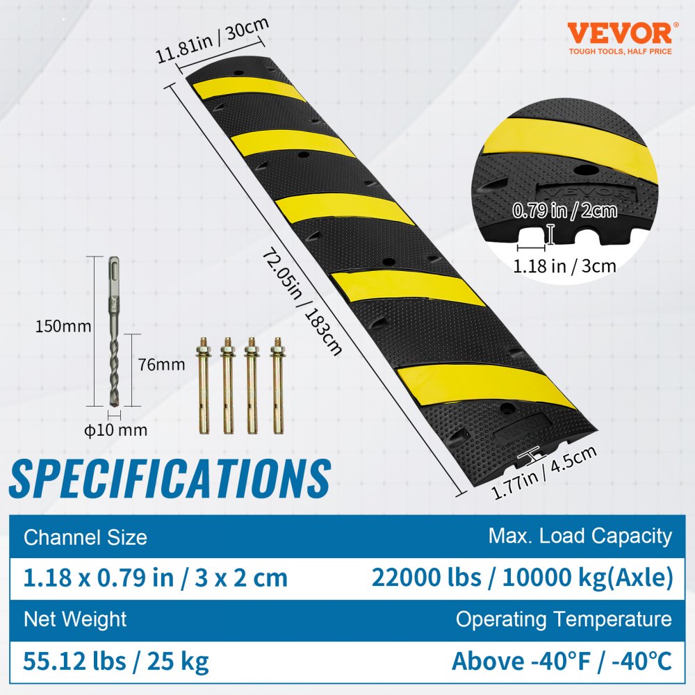 VEVOR 6 ft/72'' Rubber Speed Hump, 2 Channel, 22000 lbs Load Capacity Heavy Duty Traffic Speed Bump, with High Reflective Yellow Strip 4 Expansion Screws and 1 Drill, for Asphalt Concrete Gravel Roads 