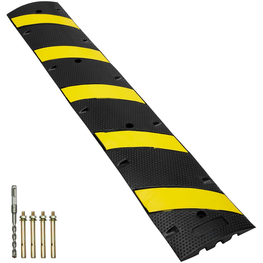 VEVOR 6 ft/72'' Rubber Speed Hump, 2 Channel, 22000 lbs Load Capacity Heavy Duty Traffic Speed Bump, with High Reflective Yellow Strip 4 Expansion Screws and 1 Drill, for Asphalt Concrete Gravel Roads 