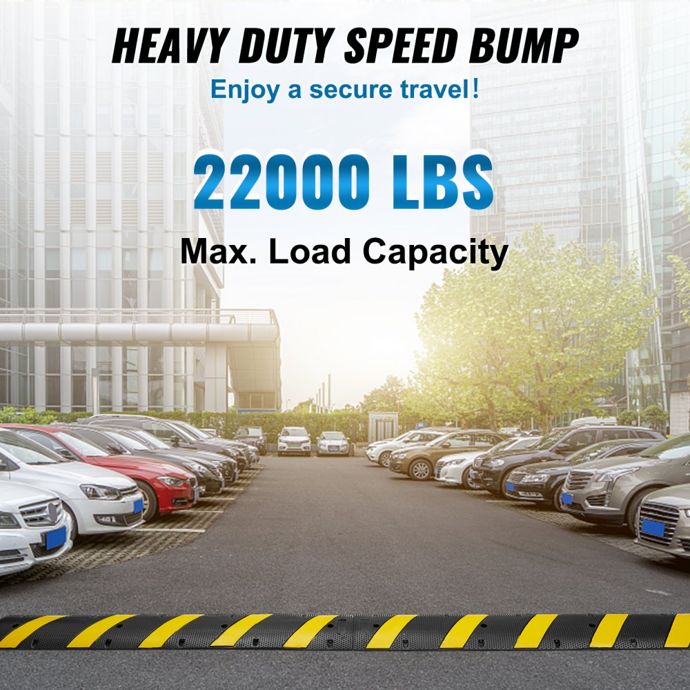 VEVOR 2PCs 6 ft/72'' Rubber Speed Hump, 2 Channel, 22000 lbs Capacity Heavy Duty Traffic Speed Bump, with High Reflective Yellow Strip 8 Expansion Screws and 1 Drill, for Asphalt Concrete Gravel Roads 