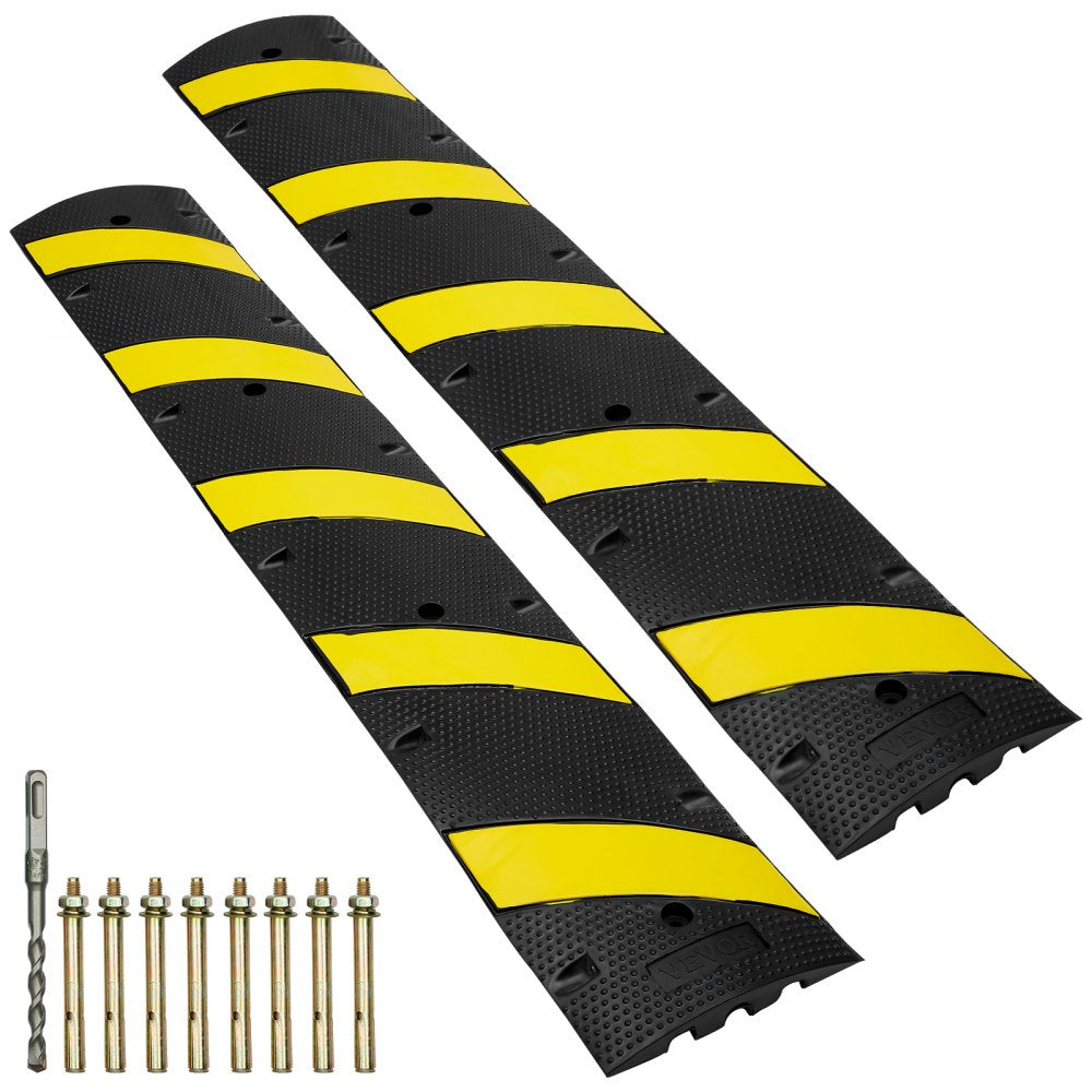 VEVOR 2PCs 6 ft/72'' Rubber Speed Hump, 2 Channel, 22000 lbs Capacity Heavy Duty Traffic Speed Bump, with High Reflective Yellow Strip 8 Expansion Screws and 1 Drill, for Asphalt Concrete Gravel Roads 